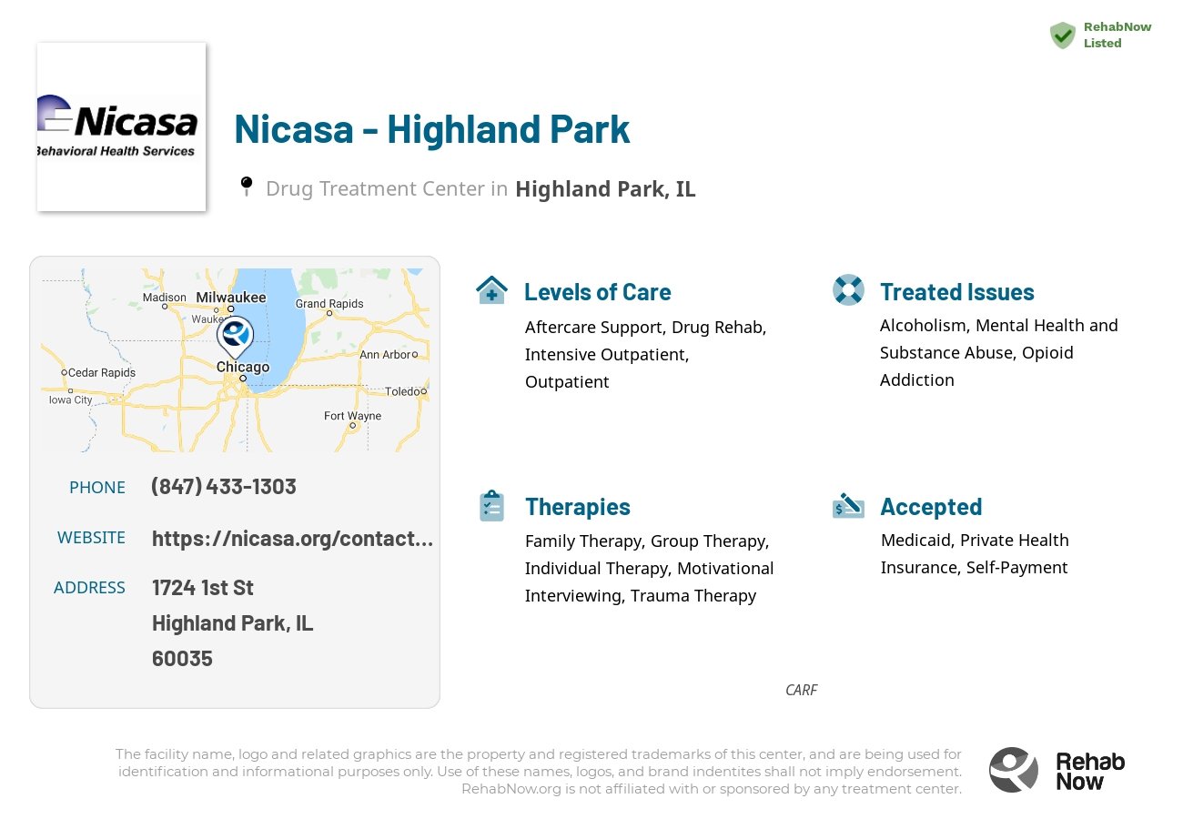 Helpful reference information for Nicasa - Highland Park, a drug treatment center in Illinois located at: 1724 1st St, Highland Park, IL 60035, including phone numbers, official website, and more. Listed briefly is an overview of Levels of Care, Therapies Offered, Issues Treated, and accepted forms of Payment Methods.