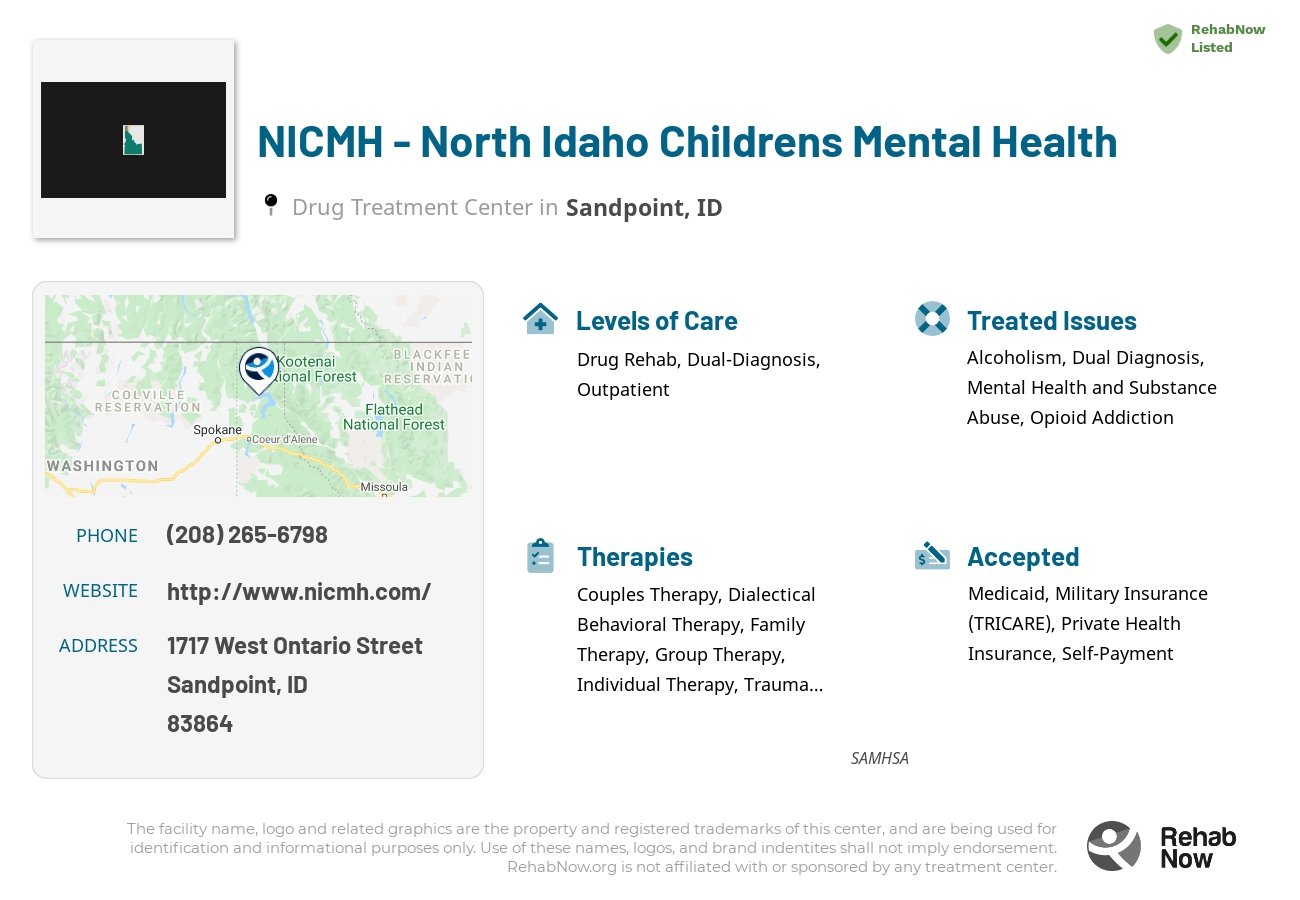 Helpful reference information for NICMH - North Idaho Childrens Mental Health, a drug treatment center in Idaho located at: 1717 West Ontario Street, Sandpoint, ID, 83864, including phone numbers, official website, and more. Listed briefly is an overview of Levels of Care, Therapies Offered, Issues Treated, and accepted forms of Payment Methods.