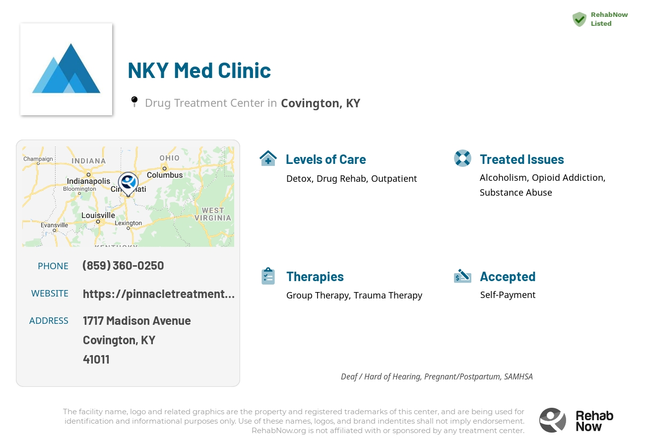 Helpful reference information for NKY Med Clinic, a drug treatment center in Kentucky located at: 1717 Madison Avenue, Covington, KY 41011, including phone numbers, official website, and more. Listed briefly is an overview of Levels of Care, Therapies Offered, Issues Treated, and accepted forms of Payment Methods.