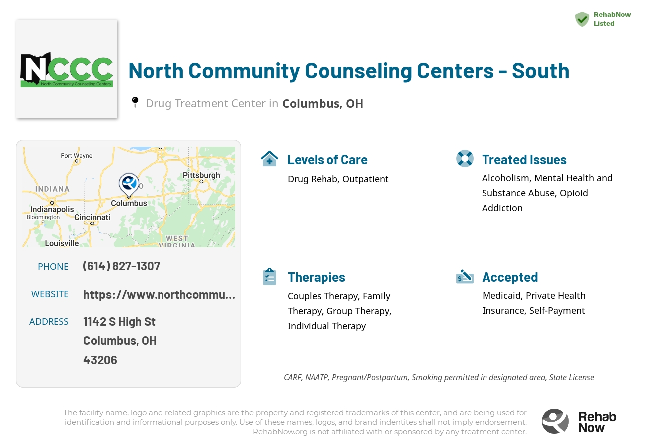 Helpful reference information for North Community Counseling Centers - South, a drug treatment center in Ohio located at: 1142 S High St, Columbus, OH 43206, including phone numbers, official website, and more. Listed briefly is an overview of Levels of Care, Therapies Offered, Issues Treated, and accepted forms of Payment Methods.
