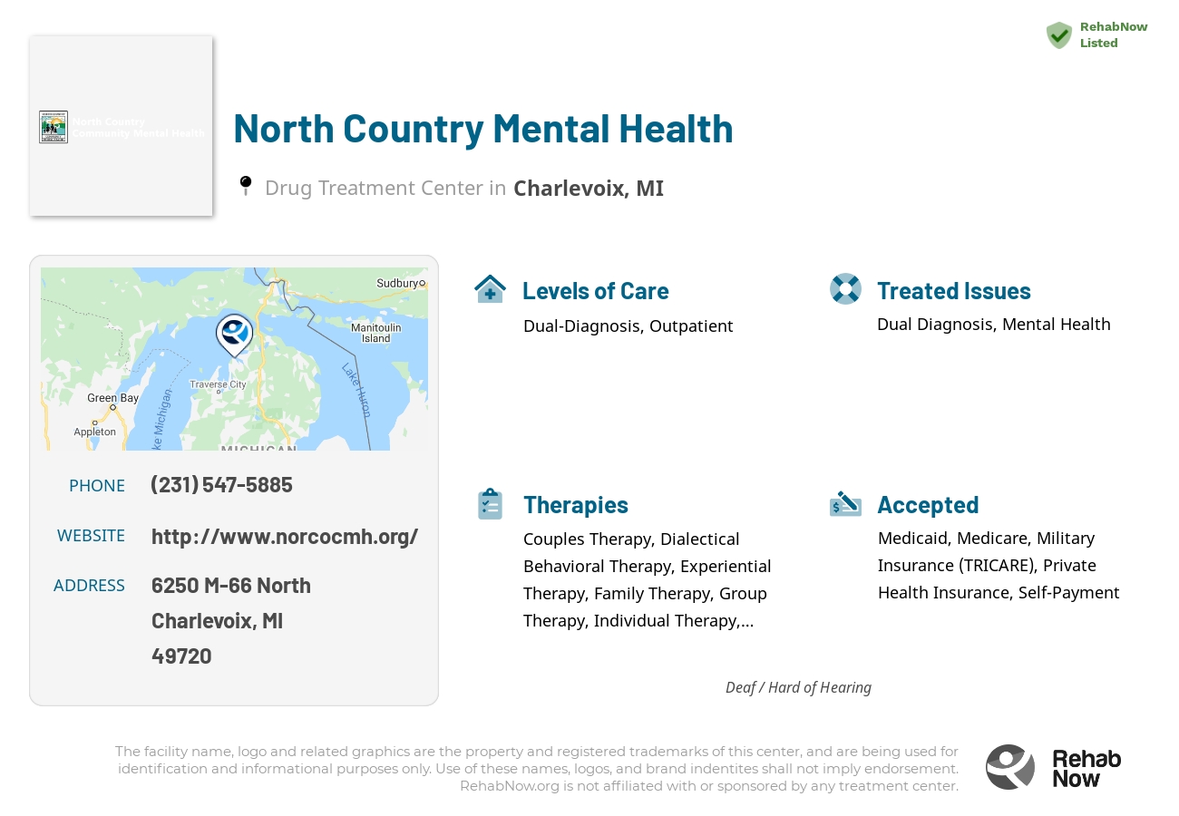 Helpful reference information for North Country Mental Health, a drug treatment center in Michigan located at: 6250 06250 M-66 North, Charlevoix, MI 49720, including phone numbers, official website, and more. Listed briefly is an overview of Levels of Care, Therapies Offered, Issues Treated, and accepted forms of Payment Methods.