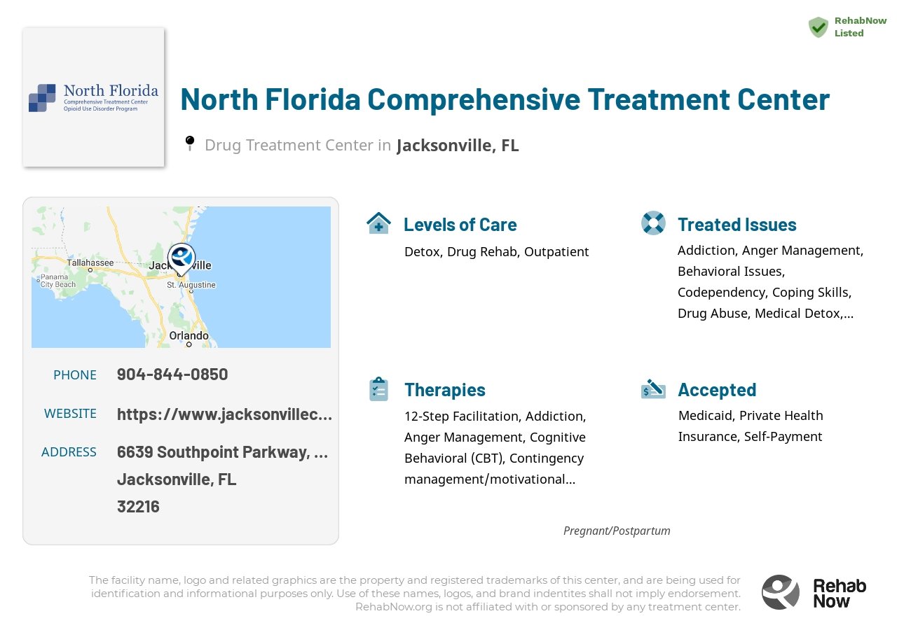 Helpful reference information for North Florida Comprehensive Treatment Center, a drug treatment center in Florida located at: 6639 Southpoint Parkway, Suite 108, Jacksonville, FL 32216, including phone numbers, official website, and more. Listed briefly is an overview of Levels of Care, Therapies Offered, Issues Treated, and accepted forms of Payment Methods.