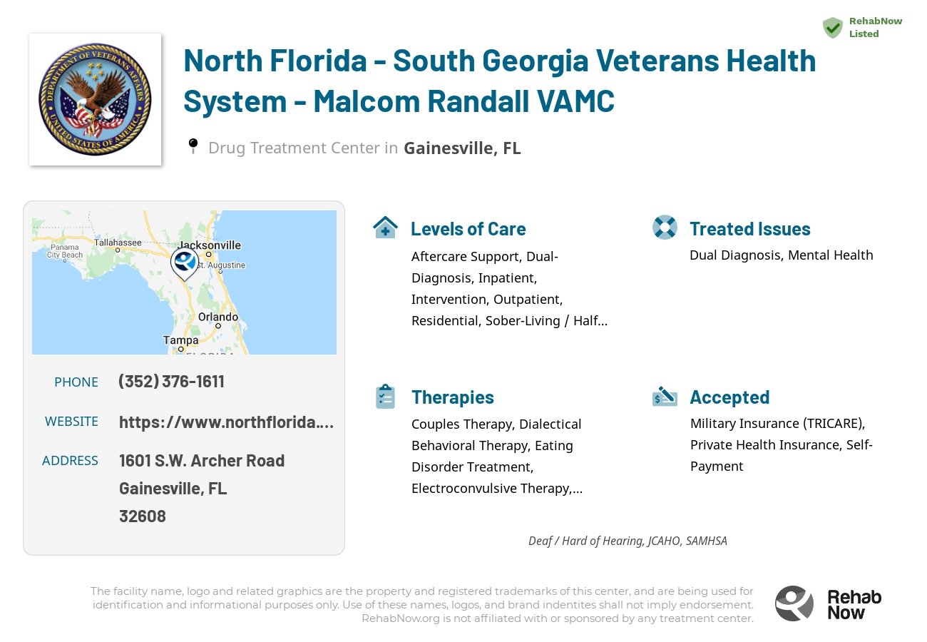 Helpful reference information for North Florida - South Georgia Veterans Health System - Malcom Randall VAMC, a drug treatment center in Florida located at: 1601 S.W. Archer Road, Gainesville, FL, 32608, including phone numbers, official website, and more. Listed briefly is an overview of Levels of Care, Therapies Offered, Issues Treated, and accepted forms of Payment Methods.