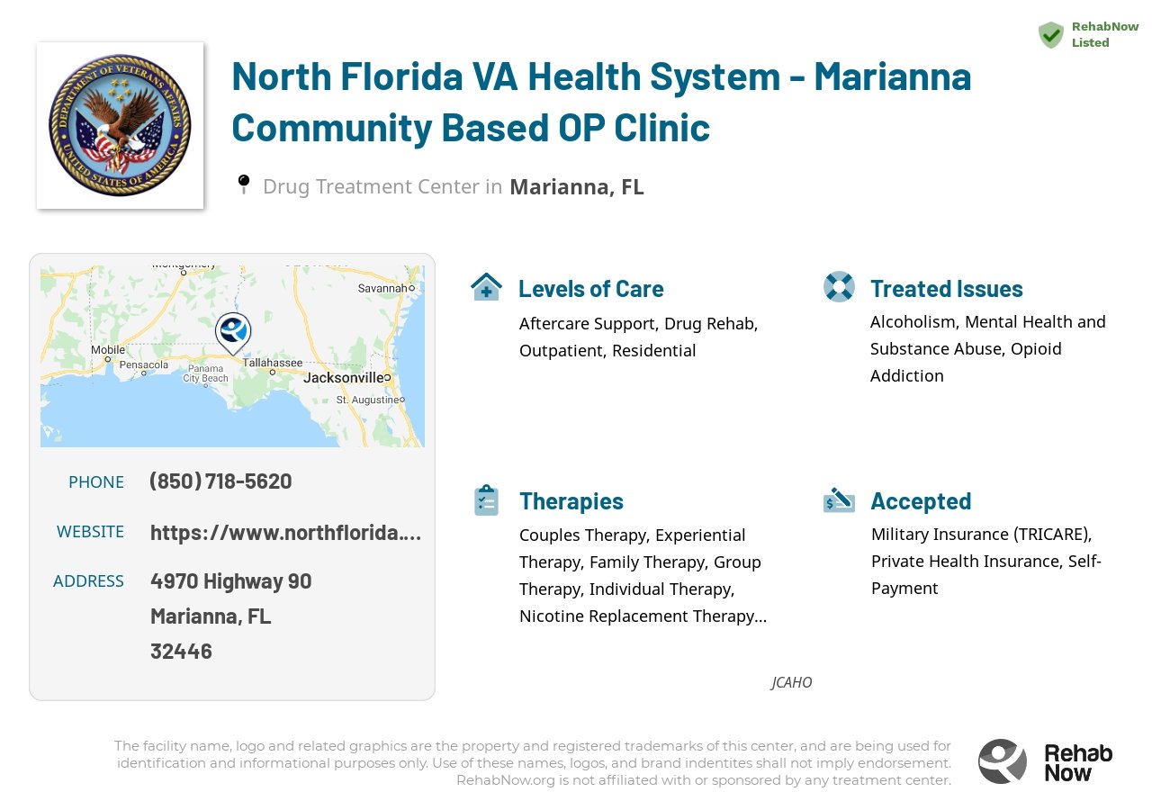 Helpful reference information for North Florida VA Health System - Marianna Community Based OP Clinic, a drug treatment center in Florida located at: 4970 Highway 90, Marianna, FL, 32446, including phone numbers, official website, and more. Listed briefly is an overview of Levels of Care, Therapies Offered, Issues Treated, and accepted forms of Payment Methods.