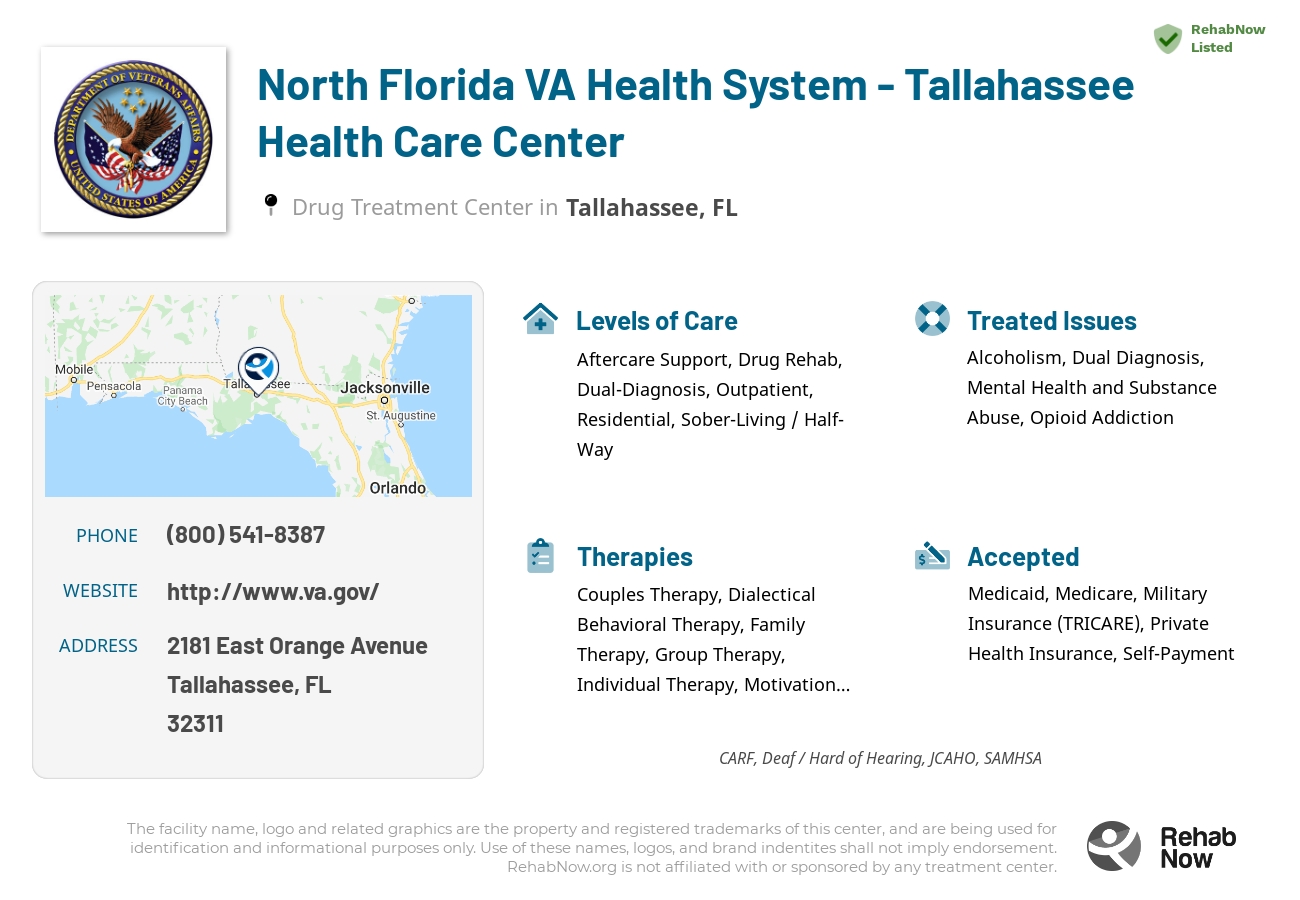 Helpful reference information for North Florida VA Health System - Tallahassee Health Care Center, a drug treatment center in Florida located at: 2181 East Orange Avenue, Tallahassee, FL, 32311, including phone numbers, official website, and more. Listed briefly is an overview of Levels of Care, Therapies Offered, Issues Treated, and accepted forms of Payment Methods.