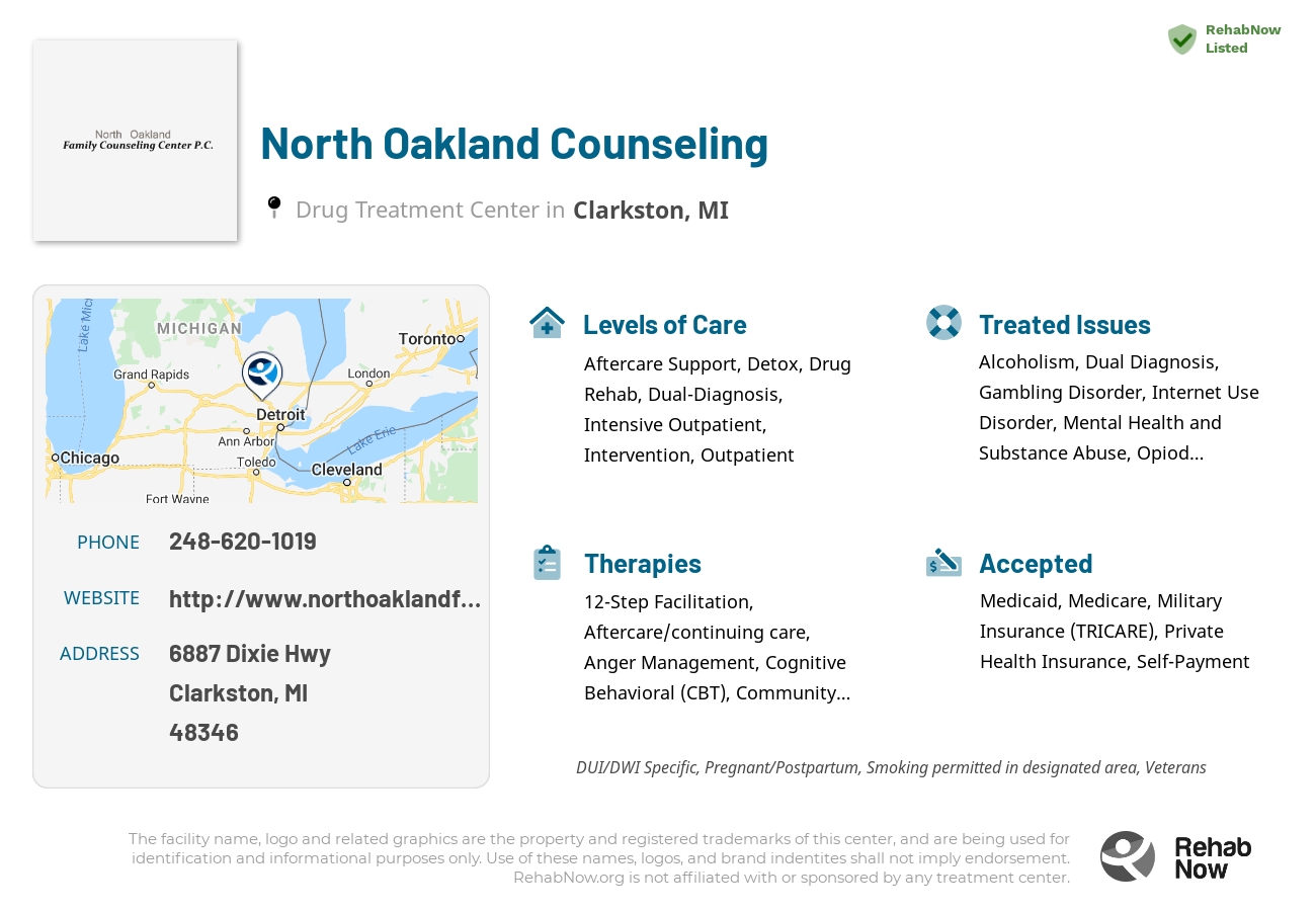 Helpful reference information for North Oakland Counseling, a drug treatment center in Michigan located at: 6887 Dixie Hwy, Clarkston, MI 48346, including phone numbers, official website, and more. Listed briefly is an overview of Levels of Care, Therapies Offered, Issues Treated, and accepted forms of Payment Methods.