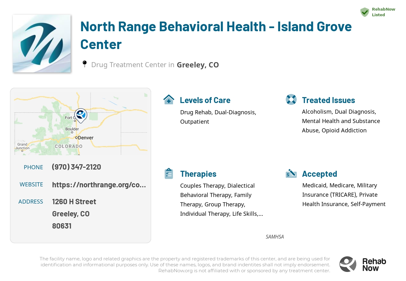 Helpful reference information for North Range Behavioral Health - Island Grove Center, a drug treatment center in Colorado located at: 1260 H Street, Greeley, CO, 80631, including phone numbers, official website, and more. Listed briefly is an overview of Levels of Care, Therapies Offered, Issues Treated, and accepted forms of Payment Methods.