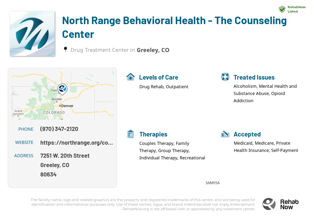 Helpful reference information for North Range Behavioral Health - The Counseling Center, a drug treatment center in Colorado located at: 7251 W. 20th Street, Greeley, CO, 80634, including phone numbers, official website, and more. Listed briefly is an overview of Levels of Care, Therapies Offered, Issues Treated, and accepted forms of Payment Methods.