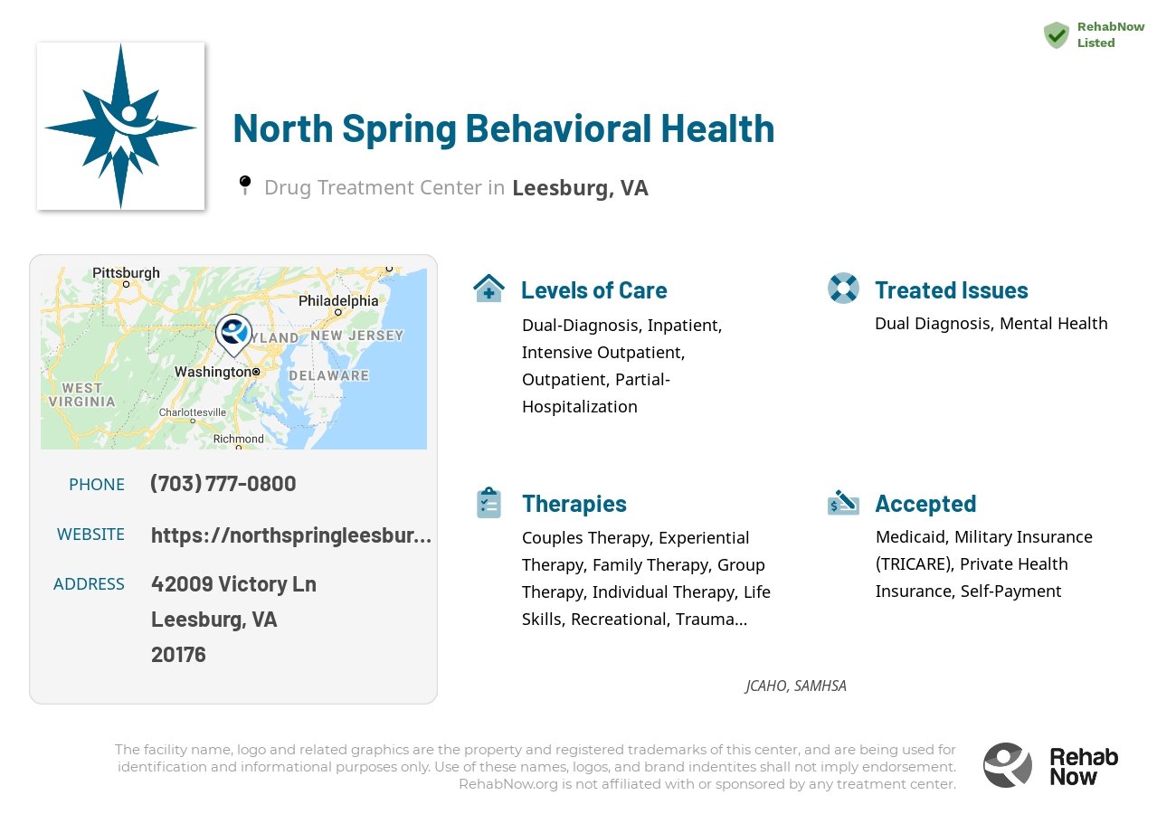 Helpful reference information for North Spring Behavioral Health, a drug treatment center in Virginia located at: 42009 Victory Ln, Leesburg, VA 20176, including phone numbers, official website, and more. Listed briefly is an overview of Levels of Care, Therapies Offered, Issues Treated, and accepted forms of Payment Methods.
