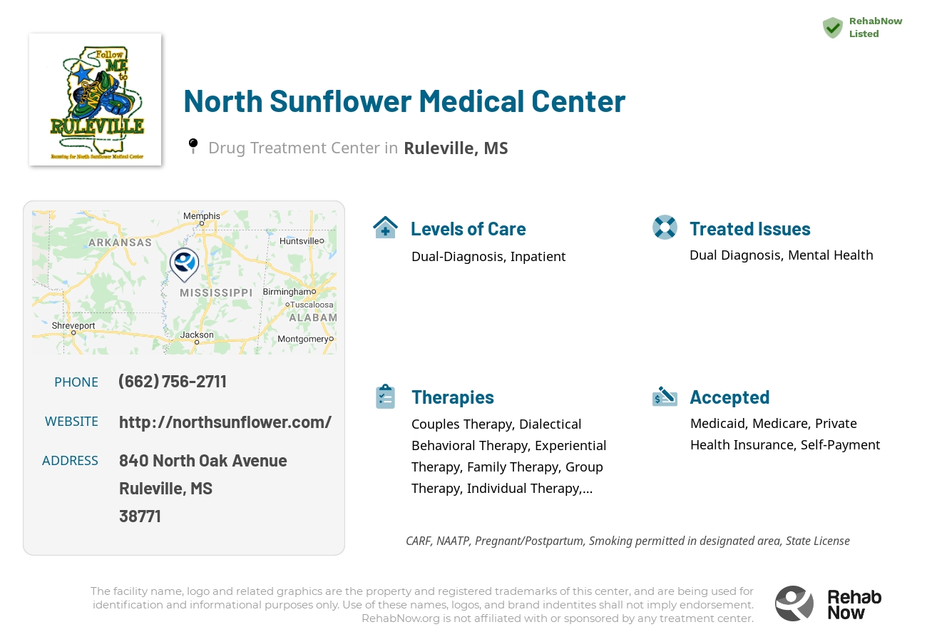 Helpful reference information for North Sunflower Medical Center, a drug treatment center in Mississippi located at: 840 840 North Oak Avenue, Ruleville, MS 38771, including phone numbers, official website, and more. Listed briefly is an overview of Levels of Care, Therapies Offered, Issues Treated, and accepted forms of Payment Methods.