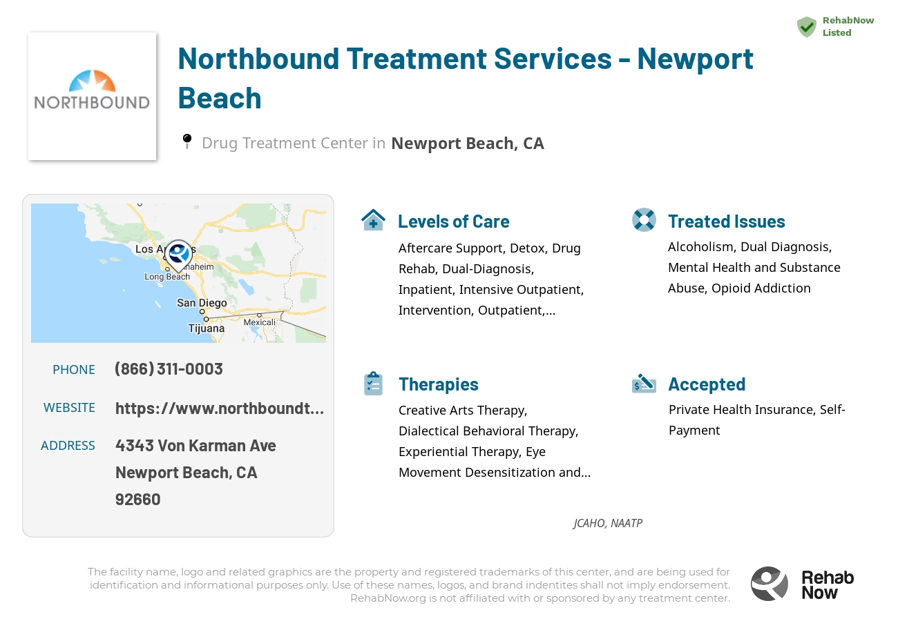 Helpful reference information for Northbound Treatment Services - Newport Beach, a drug treatment center in California located at: 4343 Von Karman Avenue Suite 100, Newport Beach, CA, 92660, including phone numbers, official website, and more. Listed briefly is an overview of Levels of Care, Therapies Offered, Issues Treated, and accepted forms of Payment Methods.