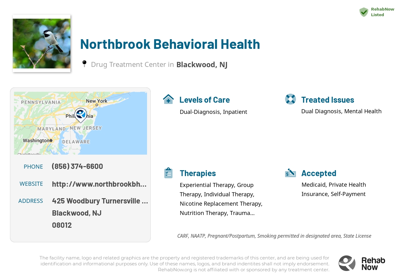 Helpful reference information for Northbrook Behavioral Health, a drug treatment center in New Jersey located at: 425 Woodbury Turnersville Rd, Blackwood, NJ 08012, including phone numbers, official website, and more. Listed briefly is an overview of Levels of Care, Therapies Offered, Issues Treated, and accepted forms of Payment Methods.