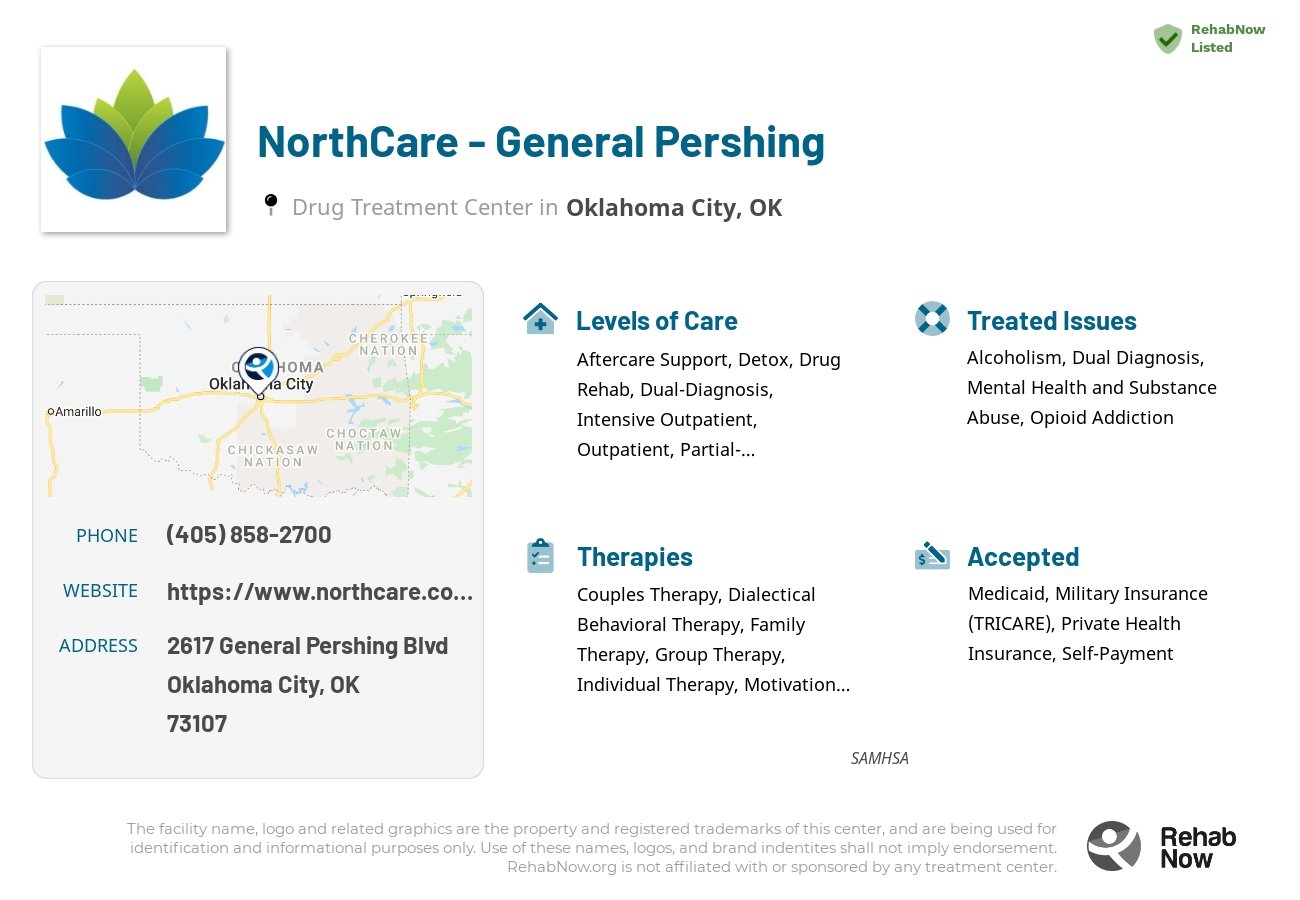 Helpful reference information for NorthCare - General Pershing, a drug treatment center in Oklahoma located at: 2617 General Pershing Blvd, Oklahoma City, OK 73107, including phone numbers, official website, and more. Listed briefly is an overview of Levels of Care, Therapies Offered, Issues Treated, and accepted forms of Payment Methods.