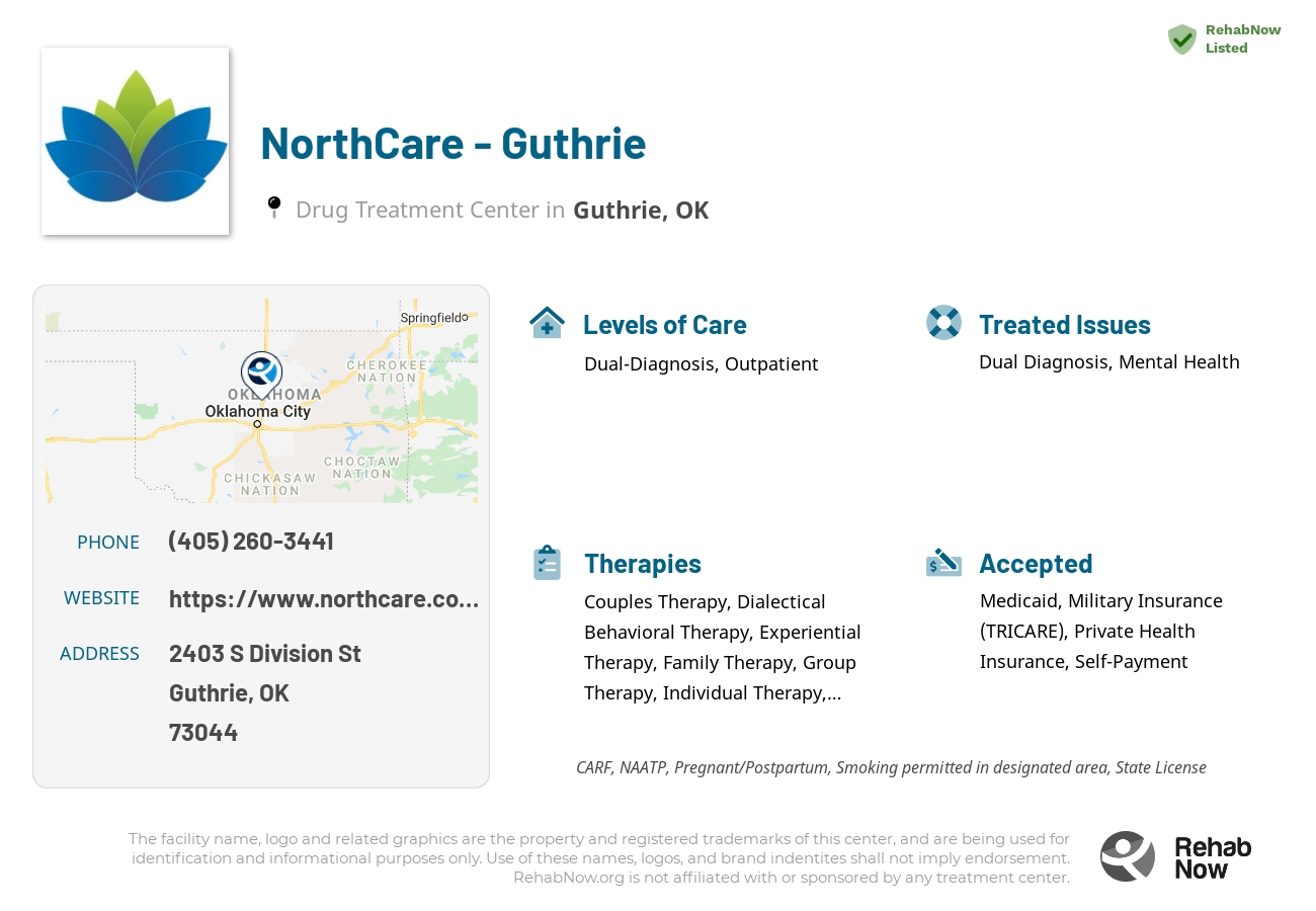 Helpful reference information for NorthCare - Guthrie, a drug treatment center in Oklahoma located at: 2403 S Division St, Guthrie, OK 73044, including phone numbers, official website, and more. Listed briefly is an overview of Levels of Care, Therapies Offered, Issues Treated, and accepted forms of Payment Methods.