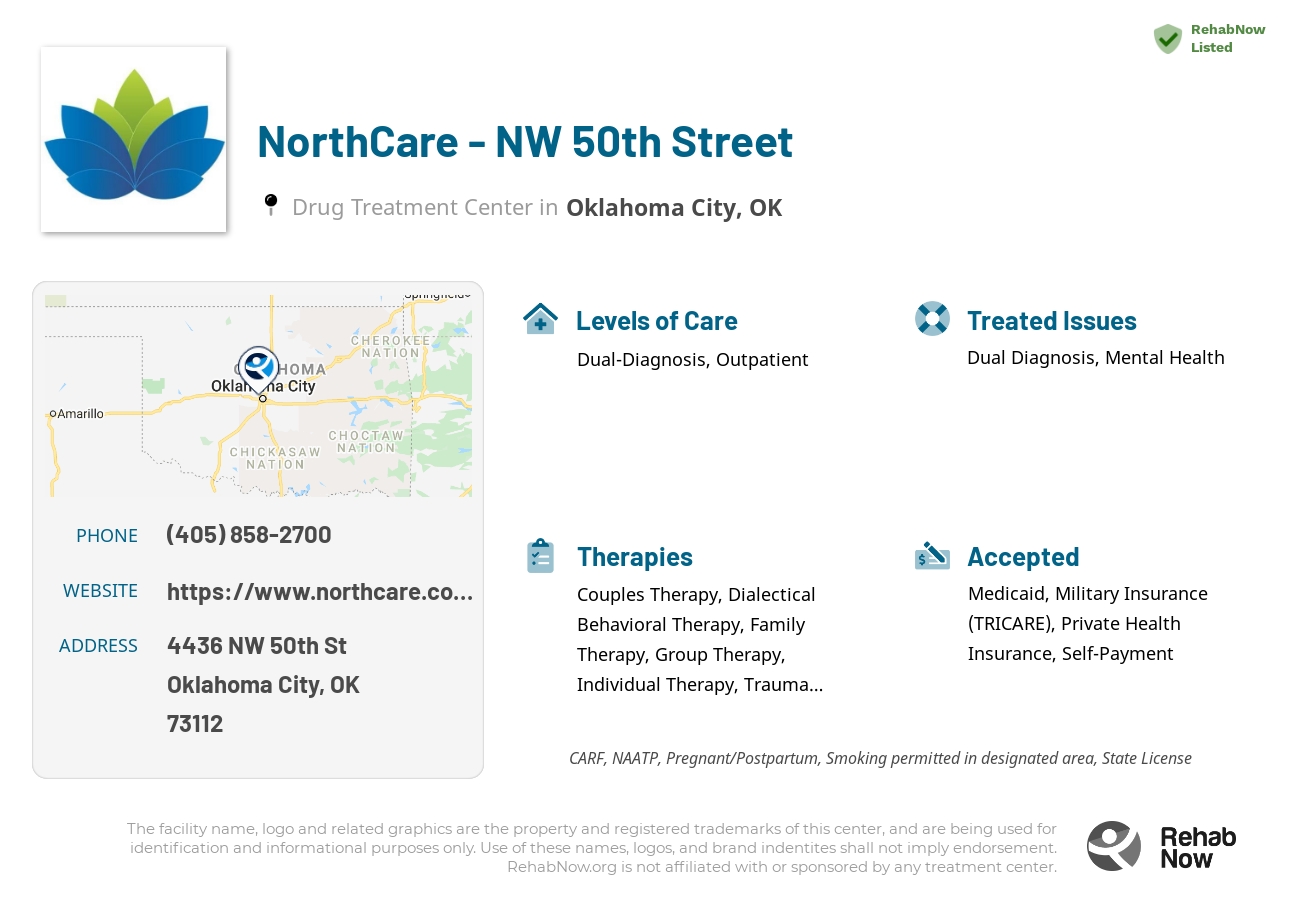 Helpful reference information for NorthCare - NW 50th Street, a drug treatment center in Oklahoma located at: 4436 NW 50th St, Oklahoma City, OK 73112, including phone numbers, official website, and more. Listed briefly is an overview of Levels of Care, Therapies Offered, Issues Treated, and accepted forms of Payment Methods.