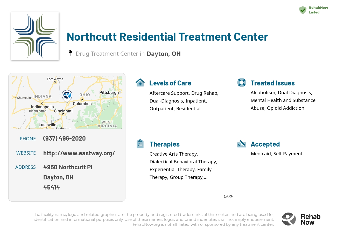 Helpful reference information for Northcutt Residential Treatment Center, a drug treatment center in Ohio located at: 4950 Northcutt Pl, Dayton, OH 45414, including phone numbers, official website, and more. Listed briefly is an overview of Levels of Care, Therapies Offered, Issues Treated, and accepted forms of Payment Methods.