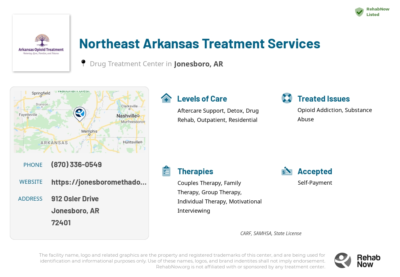 Helpful reference information for Northeast Arkansas Treatment Services, a drug treatment center in Arkansas located at: 912 Osler Drive, Jonesboro, AR, 72401, including phone numbers, official website, and more. Listed briefly is an overview of Levels of Care, Therapies Offered, Issues Treated, and accepted forms of Payment Methods.