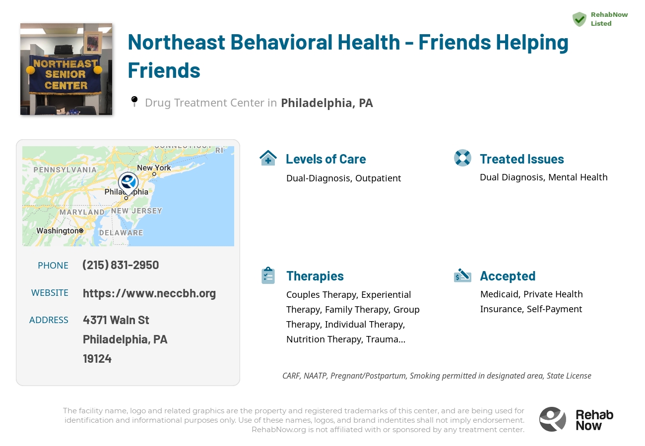 Helpful reference information for Northeast Behavioral Health - Friends Helping Friends, a drug treatment center in Pennsylvania located at: 4371 Waln St, Philadelphia, PA 19124, including phone numbers, official website, and more. Listed briefly is an overview of Levels of Care, Therapies Offered, Issues Treated, and accepted forms of Payment Methods.