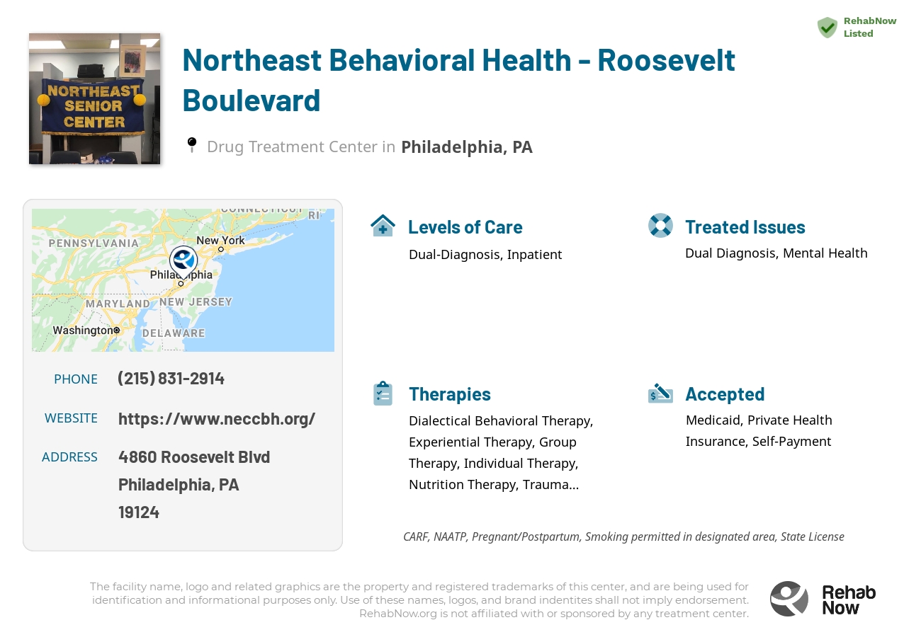 Helpful reference information for Northeast Behavioral Health - Roosevelt Boulevard, a drug treatment center in Pennsylvania located at: 4860 Roosevelt Blvd, Philadelphia, PA 19124, including phone numbers, official website, and more. Listed briefly is an overview of Levels of Care, Therapies Offered, Issues Treated, and accepted forms of Payment Methods.