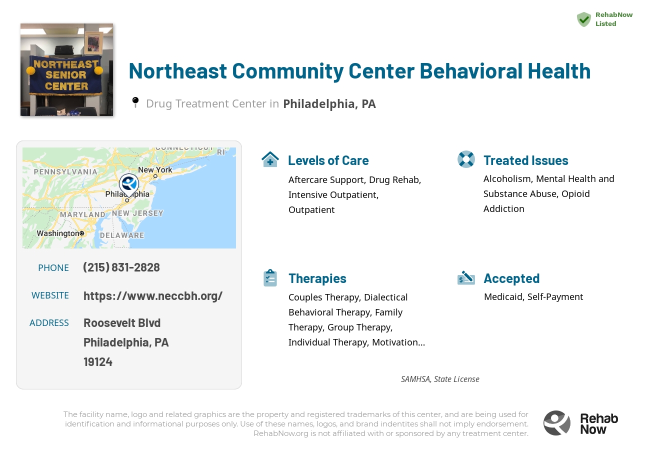 Helpful reference information for Northeast Community Center Behavioral Health, a drug treatment center in Pennsylvania located at: Roosevelt Blvd, Philadelphia, PA 19124, including phone numbers, official website, and more. Listed briefly is an overview of Levels of Care, Therapies Offered, Issues Treated, and accepted forms of Payment Methods.