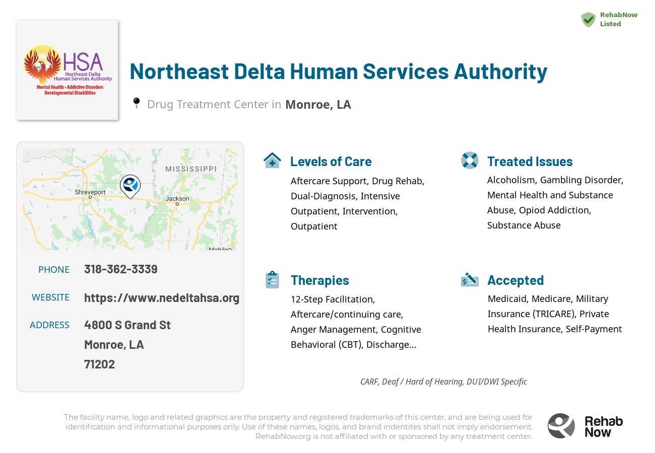 Helpful reference information for Northeast Delta Human Services Authority, a drug treatment center in Louisiana located at: 4800 S Grand St, Monroe, LA 71202, including phone numbers, official website, and more. Listed briefly is an overview of Levels of Care, Therapies Offered, Issues Treated, and accepted forms of Payment Methods.