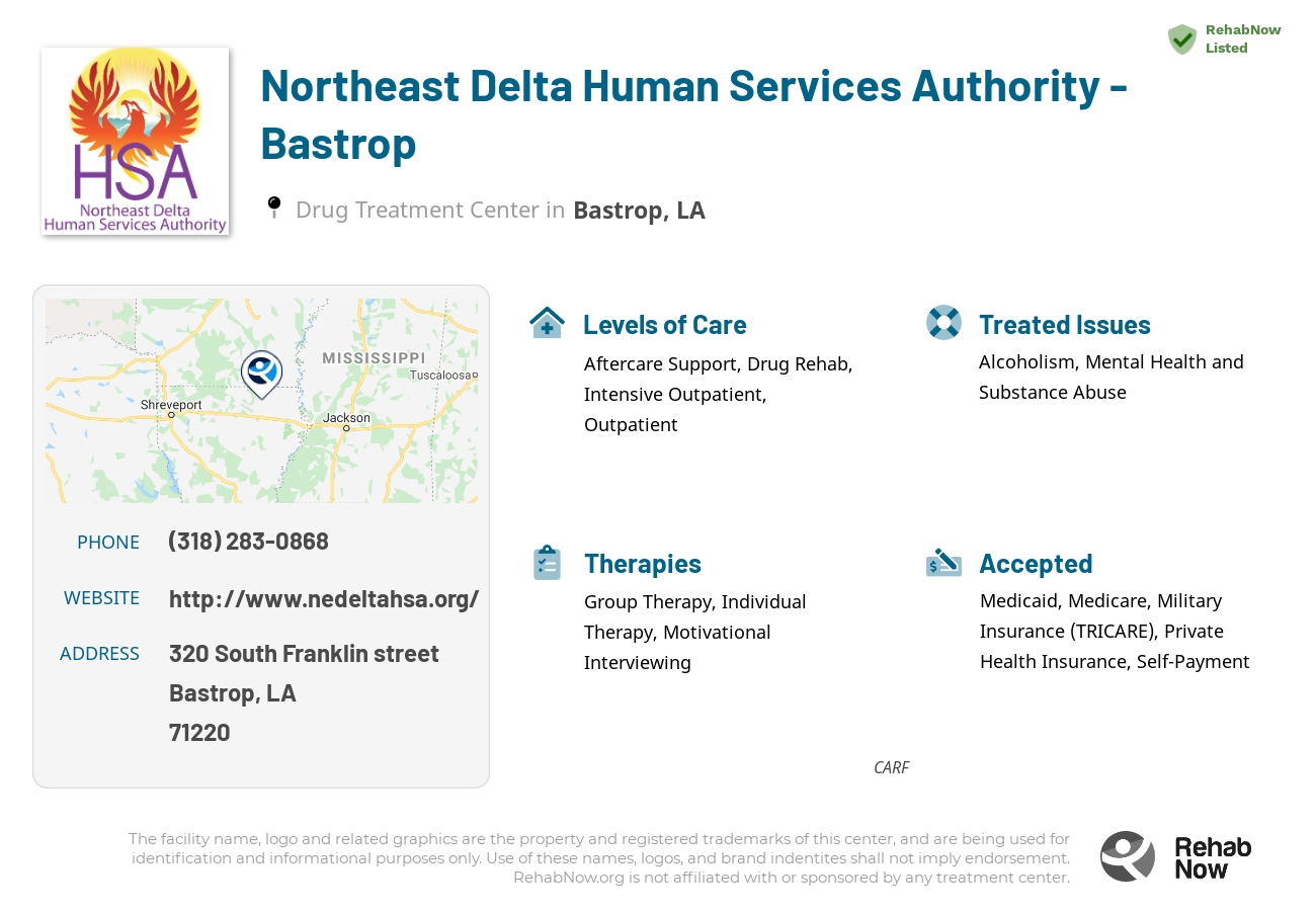 Helpful reference information for Northeast Delta Human Services Authority - Bastrop, a drug treatment center in Louisiana located at: 320 320 South Franklin street, Bastrop, LA 71220, including phone numbers, official website, and more. Listed briefly is an overview of Levels of Care, Therapies Offered, Issues Treated, and accepted forms of Payment Methods.