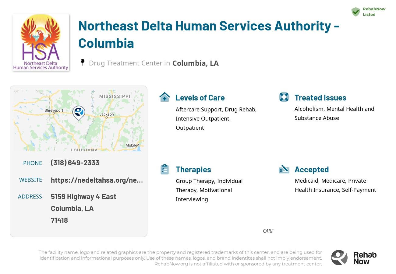 Helpful reference information for Northeast Delta Human Services Authority - Columbia, a drug treatment center in Louisiana located at: 5159 Highway 4 East, Columbia, LA 71418, including phone numbers, official website, and more. Listed briefly is an overview of Levels of Care, Therapies Offered, Issues Treated, and accepted forms of Payment Methods.