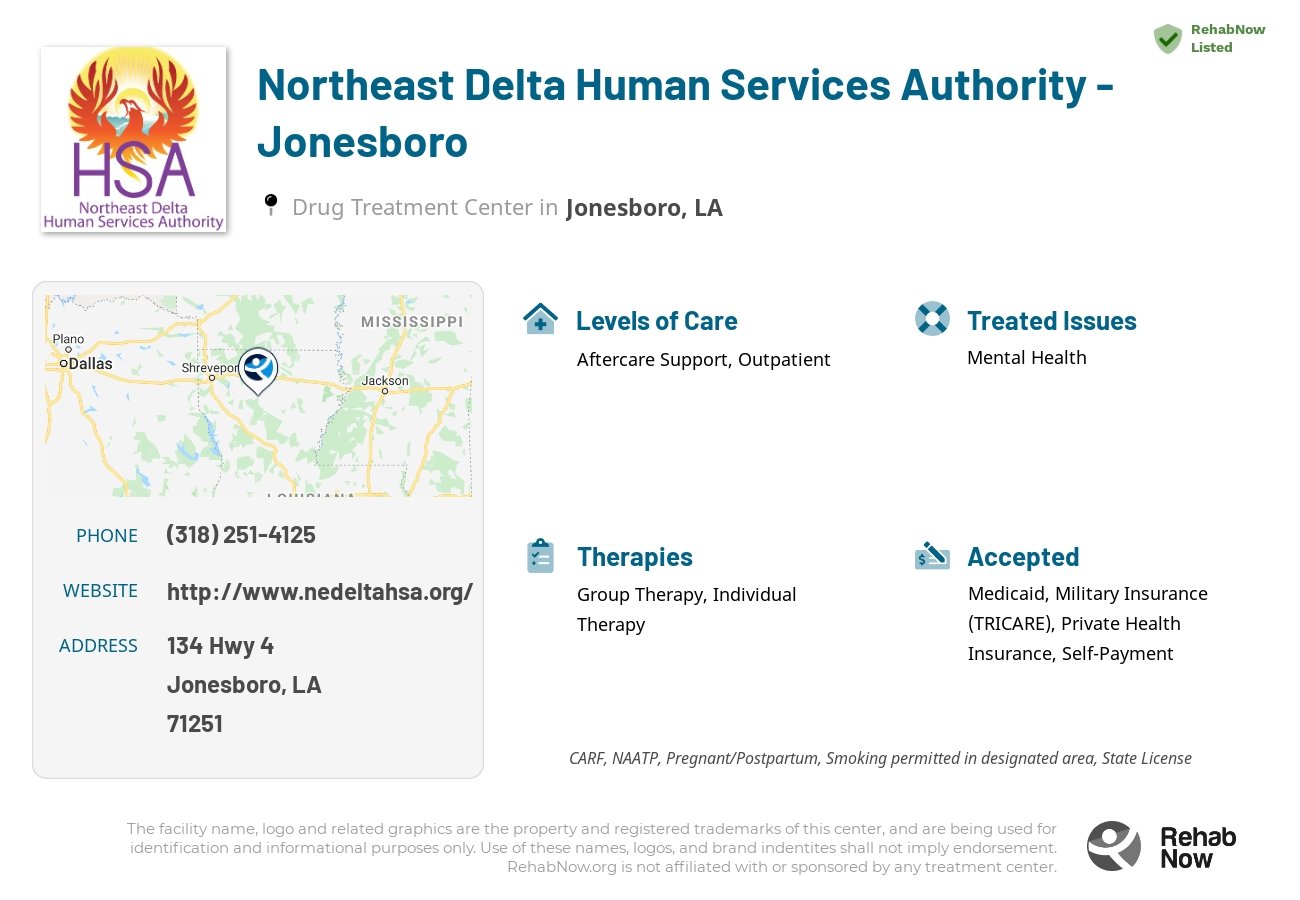 Helpful reference information for Northeast Delta Human Services Authority - Jonesboro, a drug treatment center in Louisiana located at: 134 Hwy 4, Jonesboro, LA 71251, including phone numbers, official website, and more. Listed briefly is an overview of Levels of Care, Therapies Offered, Issues Treated, and accepted forms of Payment Methods.