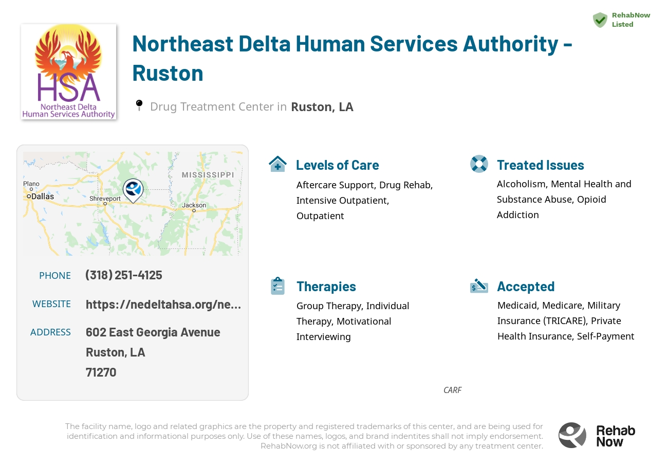 Helpful reference information for Northeast Delta Human Services Authority - Ruston, a drug treatment center in Louisiana located at: 602 602 East Georgia Avenue, Ruston, LA 71270, including phone numbers, official website, and more. Listed briefly is an overview of Levels of Care, Therapies Offered, Issues Treated, and accepted forms of Payment Methods.