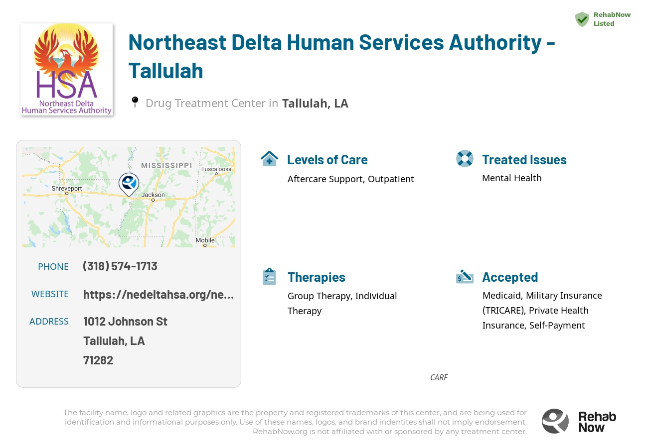 Helpful reference information for Northeast Delta Human Services Authority - Tallulah, a drug treatment center in Louisiana located at: 1012 Johnson St, Tallulah, LA 71282, including phone numbers, official website, and more. Listed briefly is an overview of Levels of Care, Therapies Offered, Issues Treated, and accepted forms of Payment Methods.