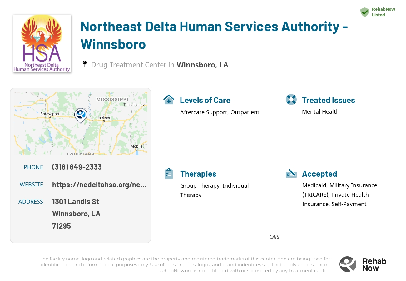 Helpful reference information for Northeast Delta Human Services Authority - Winnsboro, a drug treatment center in Louisiana located at: 1301 Landis St, Winnsboro, LA 71295, including phone numbers, official website, and more. Listed briefly is an overview of Levels of Care, Therapies Offered, Issues Treated, and accepted forms of Payment Methods.