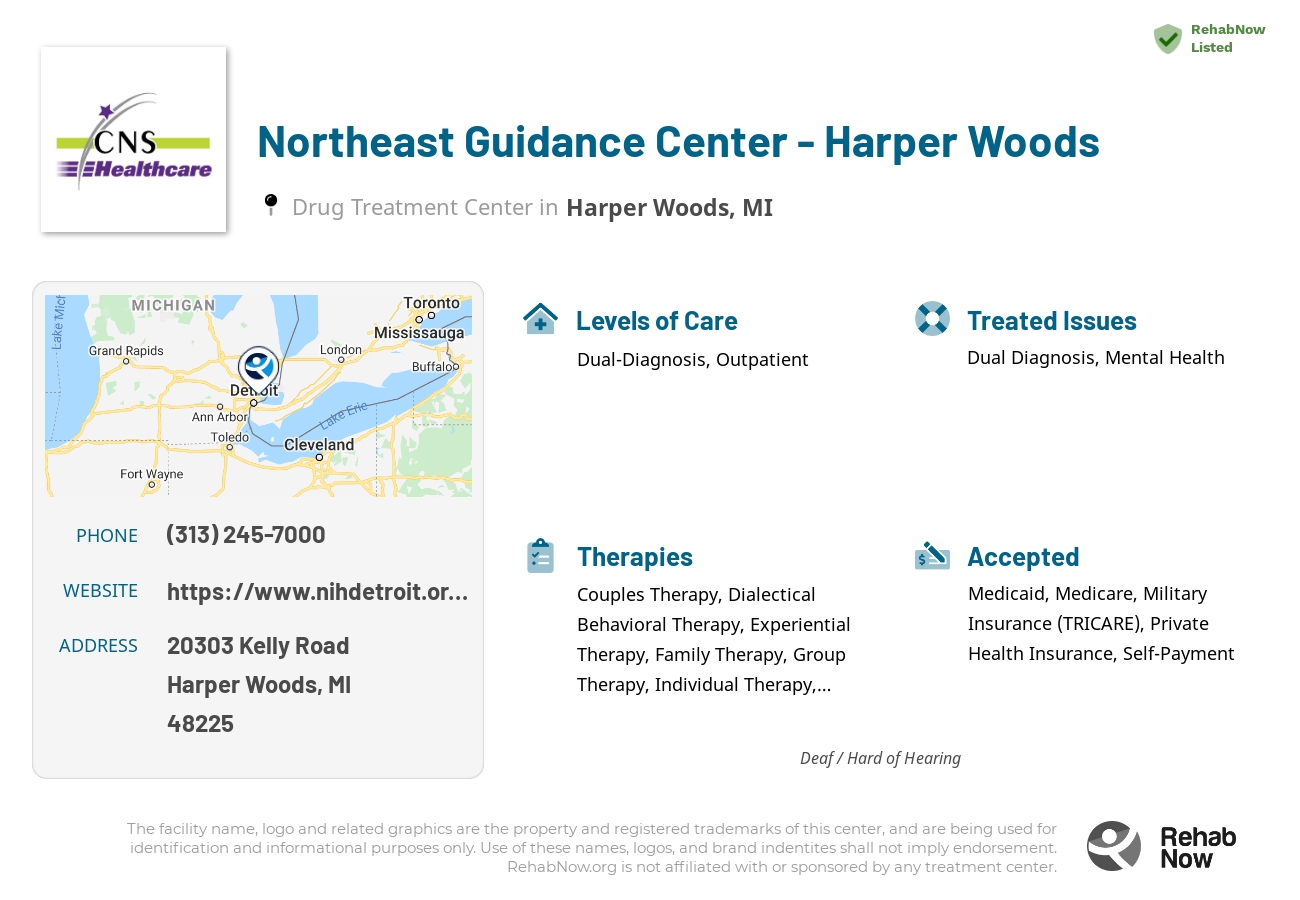 Helpful reference information for Northeast Guidance Center - Harper Woods, a drug treatment center in Michigan located at: 20303 20303 Kelly Road, Harper Woods, MI 48225, including phone numbers, official website, and more. Listed briefly is an overview of Levels of Care, Therapies Offered, Issues Treated, and accepted forms of Payment Methods.