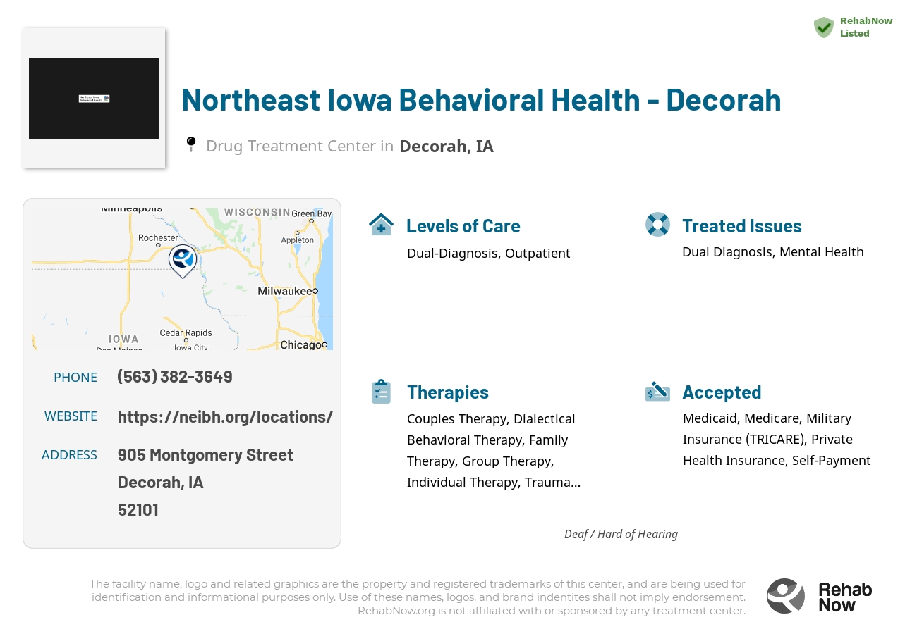 Helpful reference information for Northeast Iowa Behavioral Health - Decorah, a drug treatment center in Iowa located at: 905 Montgomery Street, Decorah, IA, 52101, including phone numbers, official website, and more. Listed briefly is an overview of Levels of Care, Therapies Offered, Issues Treated, and accepted forms of Payment Methods.