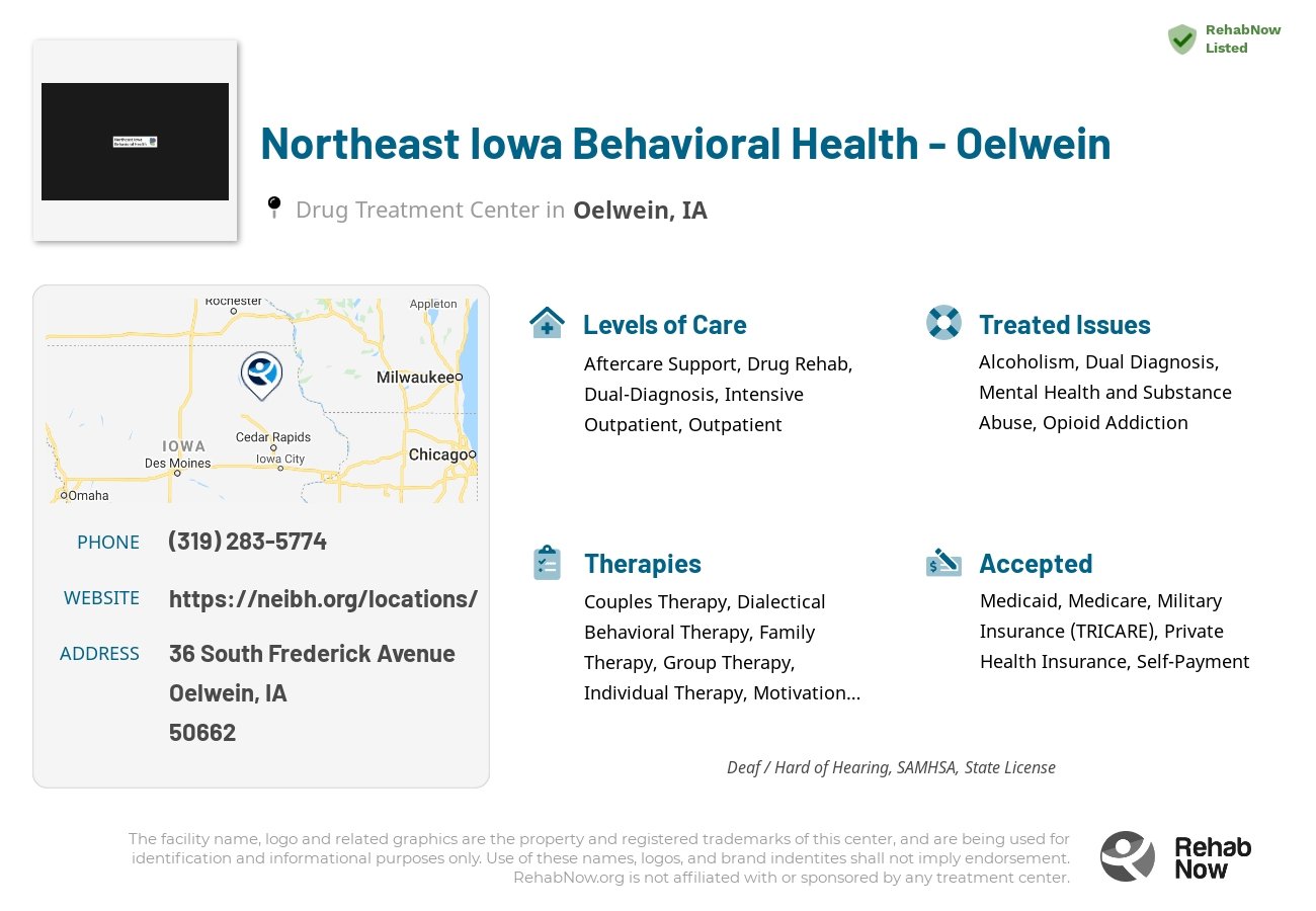 Helpful reference information for Northeast Iowa Behavioral Health - Oelwein, a drug treatment center in Iowa located at: 36 South Frederick Avenue, Oelwein, IA, 50662, including phone numbers, official website, and more. Listed briefly is an overview of Levels of Care, Therapies Offered, Issues Treated, and accepted forms of Payment Methods.