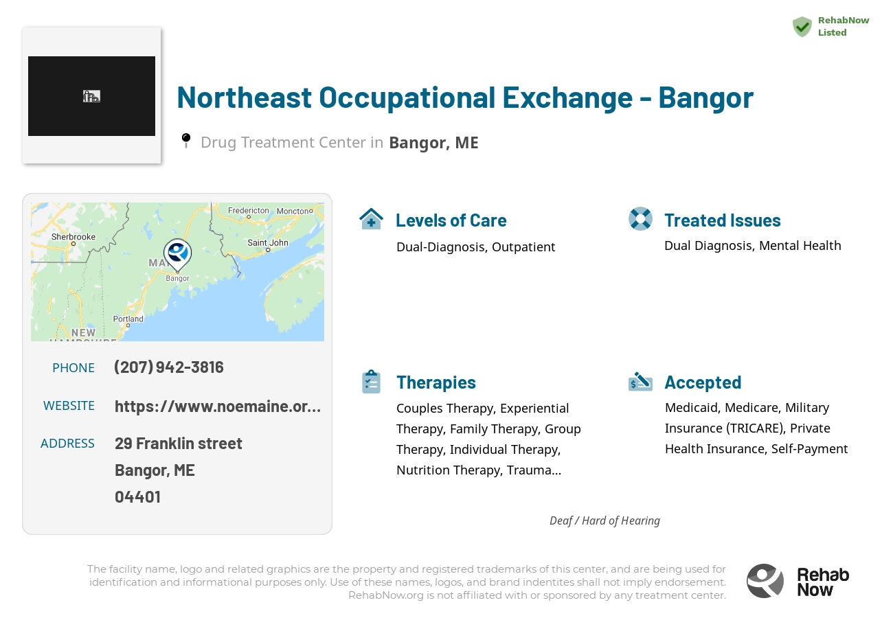Helpful reference information for Northeast Occupational Exchange - Bangor, a drug treatment center in Maine located at: 29 Franklin street, Bangor, ME, 04401, including phone numbers, official website, and more. Listed briefly is an overview of Levels of Care, Therapies Offered, Issues Treated, and accepted forms of Payment Methods.