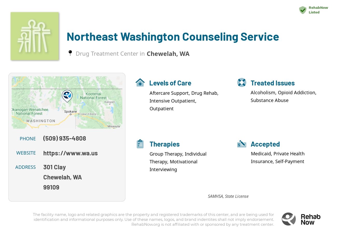 Helpful reference information for Northeast Washington Counseling Service, a drug treatment center in Washington located at: 301 Clay, Chewelah, WA 99109, including phone numbers, official website, and more. Listed briefly is an overview of Levels of Care, Therapies Offered, Issues Treated, and accepted forms of Payment Methods.