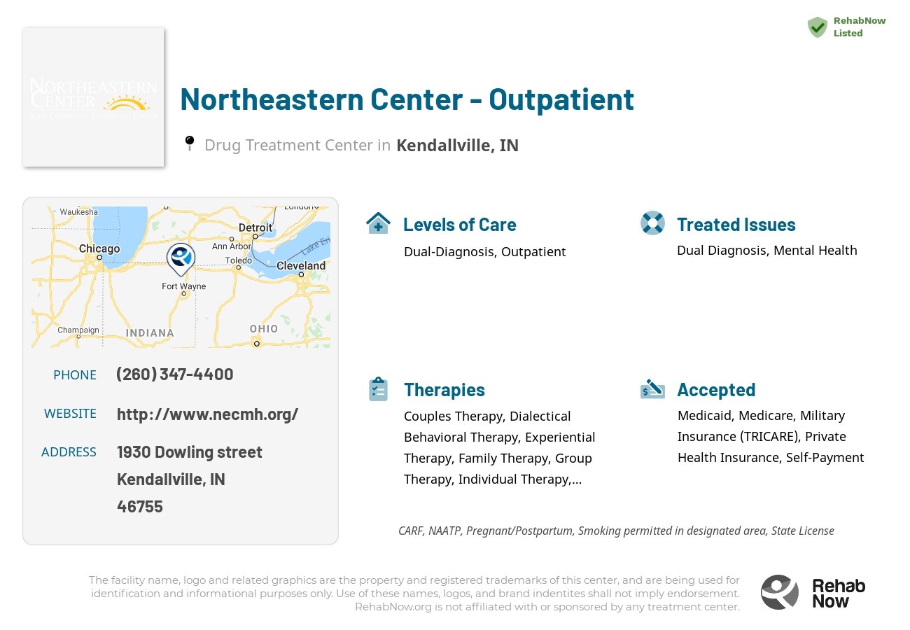Helpful reference information for Northeastern Center - Outpatient, a drug treatment center in Indiana located at: 1930 Dowling street, Kendallville, IN, 46755, including phone numbers, official website, and more. Listed briefly is an overview of Levels of Care, Therapies Offered, Issues Treated, and accepted forms of Payment Methods.