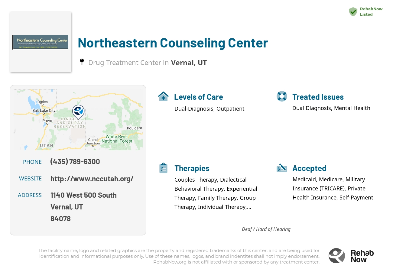 Helpful reference information for Northeastern Counseling Center, a drug treatment center in Utah located at: 1140 1140 West 500 South, Vernal, UT 84078, including phone numbers, official website, and more. Listed briefly is an overview of Levels of Care, Therapies Offered, Issues Treated, and accepted forms of Payment Methods.