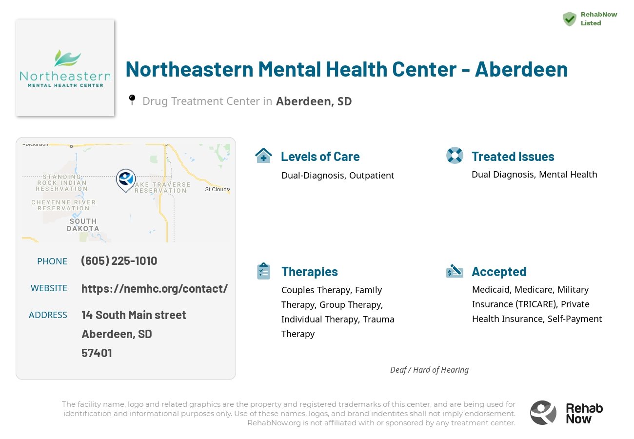 Helpful reference information for Northeastern Mental Health Center - Aberdeen, a drug treatment center in South Dakota located at: 14 14 South Main street, Aberdeen, SD 57401, including phone numbers, official website, and more. Listed briefly is an overview of Levels of Care, Therapies Offered, Issues Treated, and accepted forms of Payment Methods.