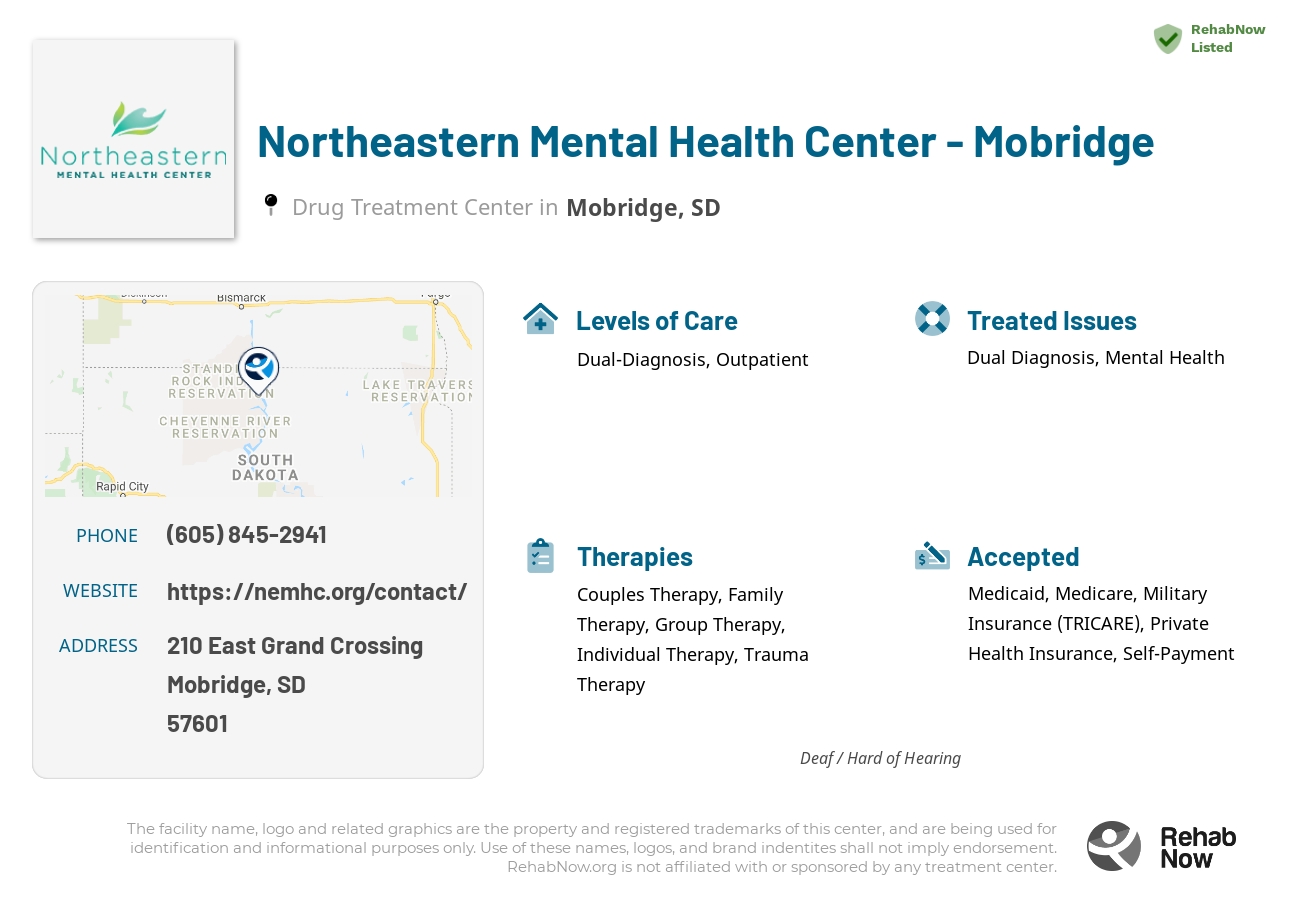 Helpful reference information for Northeastern Mental Health Center - Mobridge, a drug treatment center in South Dakota located at: 210 210 East Grand Crossing, Mobridge, SD 57601, including phone numbers, official website, and more. Listed briefly is an overview of Levels of Care, Therapies Offered, Issues Treated, and accepted forms of Payment Methods.