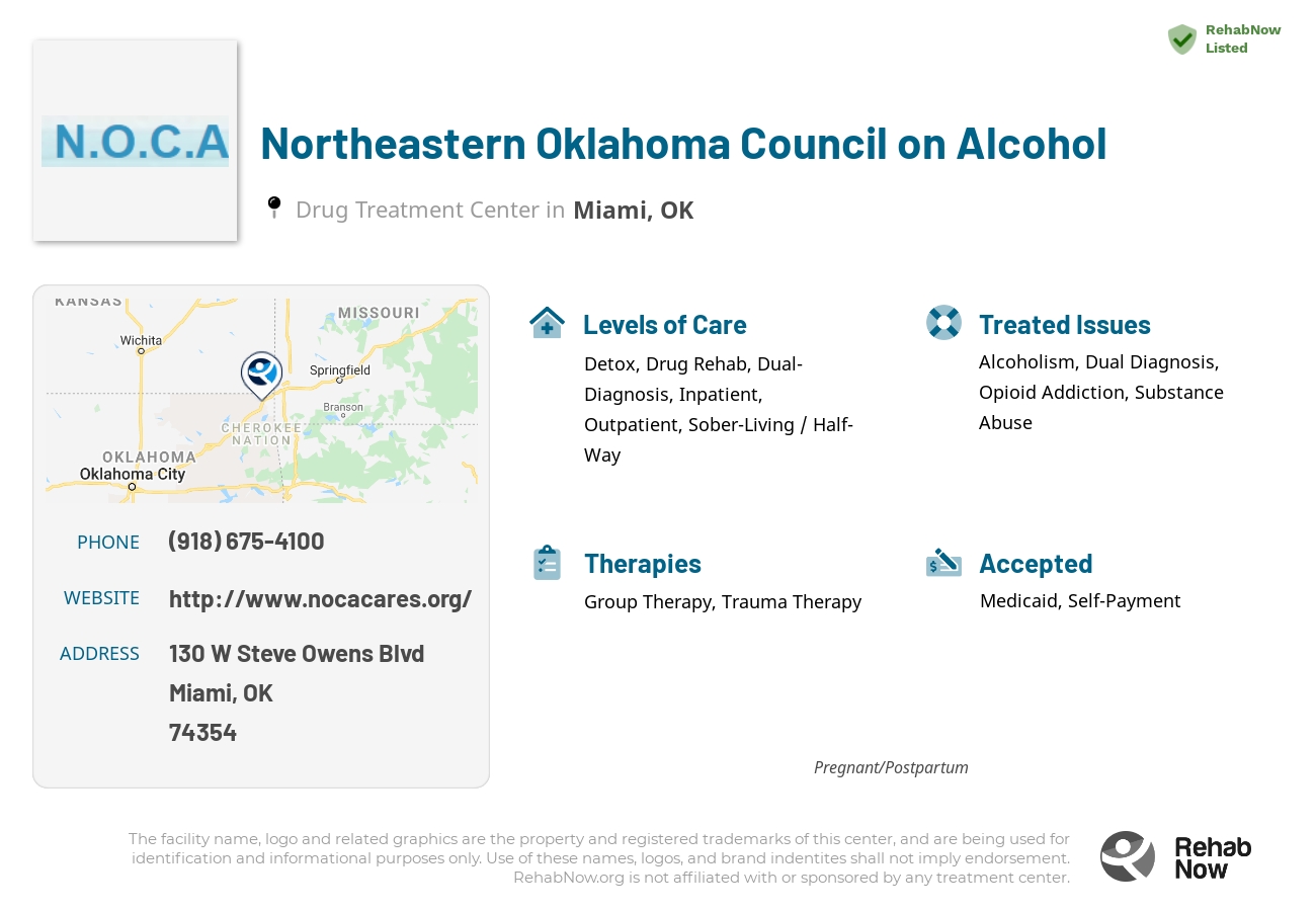 Helpful reference information for Northeastern Oklahoma Council on Alcohol, a drug treatment center in Oklahoma located at: 130 W Steve Owens Blvd, Miami, OK 74354, including phone numbers, official website, and more. Listed briefly is an overview of Levels of Care, Therapies Offered, Issues Treated, and accepted forms of Payment Methods.