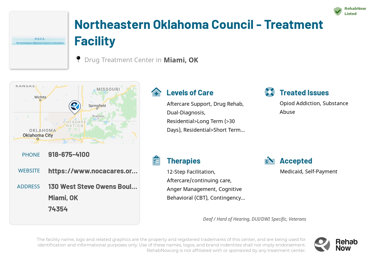 Helpful reference information for Northeastern Oklahoma Council - Treatment Facility, a drug treatment center in Oklahoma located at: 130 West Steve Owens Boulevard, Miami, OK 74354, including phone numbers, official website, and more. Listed briefly is an overview of Levels of Care, Therapies Offered, Issues Treated, and accepted forms of Payment Methods.