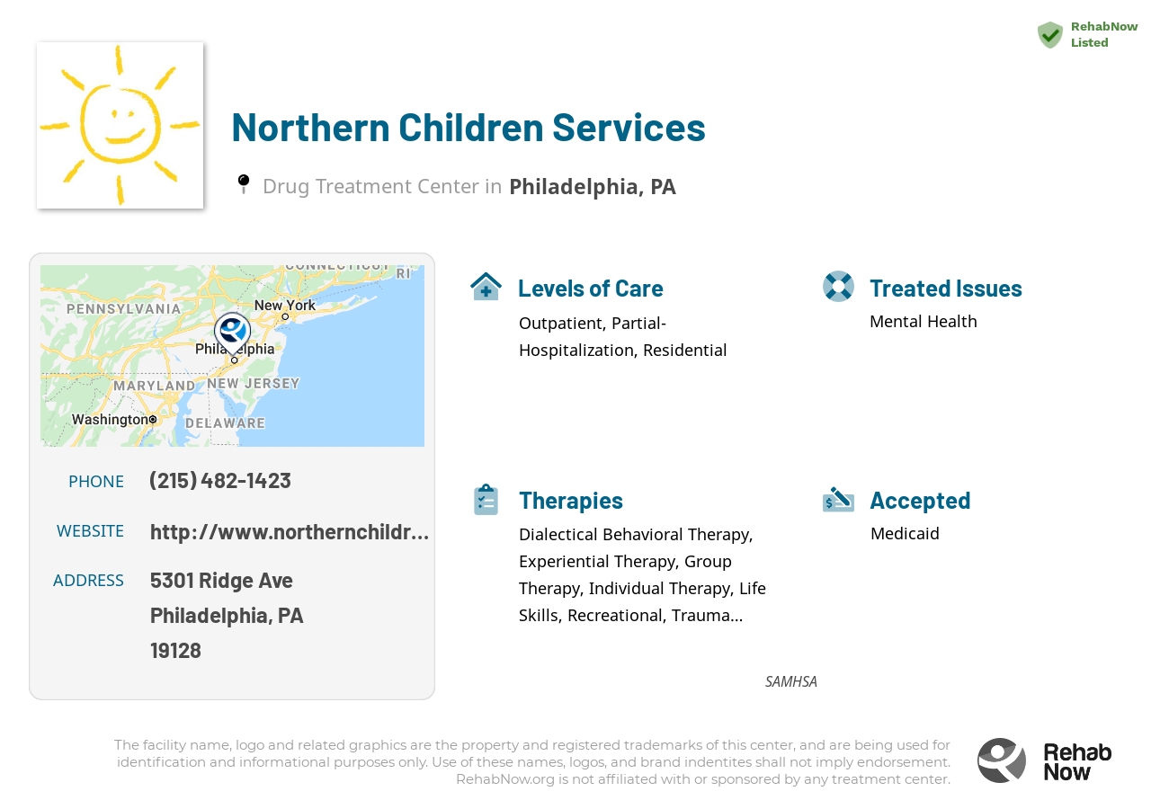 Helpful reference information for Northern Children Services, a drug treatment center in Pennsylvania located at: 5301 Ridge Ave, Philadelphia, PA 19128, including phone numbers, official website, and more. Listed briefly is an overview of Levels of Care, Therapies Offered, Issues Treated, and accepted forms of Payment Methods.