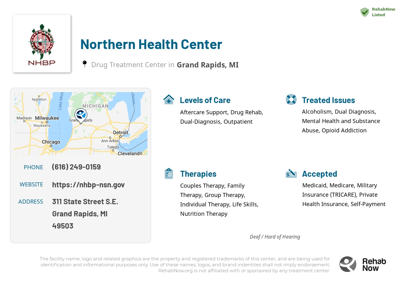 Helpful reference information for Northern Health Center, a drug treatment center in Michigan located at: 311 State Street S.E., Grand Rapids, MI, 49503, including phone numbers, official website, and more. Listed briefly is an overview of Levels of Care, Therapies Offered, Issues Treated, and accepted forms of Payment Methods.