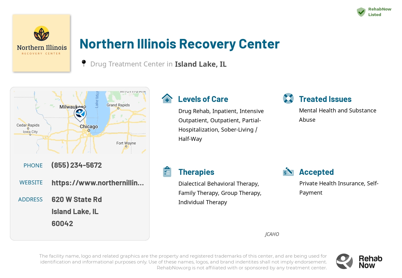 Helpful reference information for Northern Illinois Recovery Center, a drug treatment center in Illinois located at: 620 W State Rd, Island Lake, IL 60042, including phone numbers, official website, and more. Listed briefly is an overview of Levels of Care, Therapies Offered, Issues Treated, and accepted forms of Payment Methods.