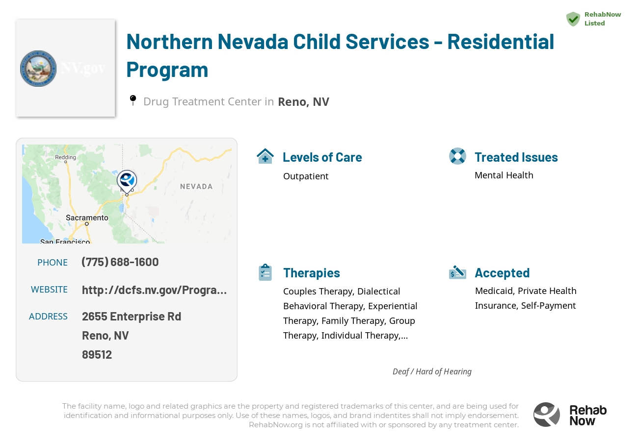 Helpful reference information for Northern Nevada Child Services - Residential Program, a drug treatment center in Nevada located at: 2655 Enterprise Rd, Reno, NV 89512, including phone numbers, official website, and more. Listed briefly is an overview of Levels of Care, Therapies Offered, Issues Treated, and accepted forms of Payment Methods.