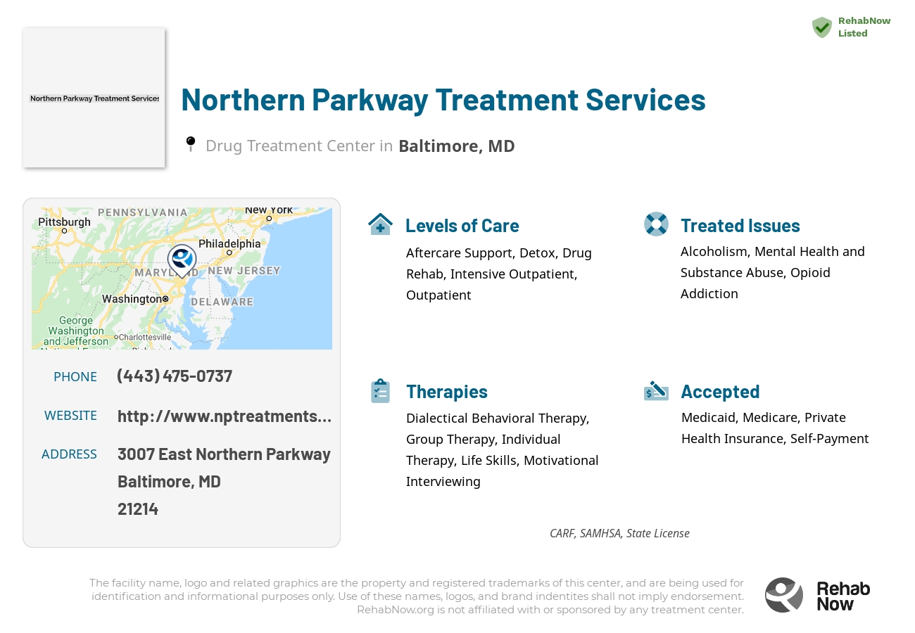 Helpful reference information for Northern Parkway Treatment Services, a drug treatment center in Maryland located at: 3007 East Northern Parkway, Baltimore, MD, 21214, including phone numbers, official website, and more. Listed briefly is an overview of Levels of Care, Therapies Offered, Issues Treated, and accepted forms of Payment Methods.