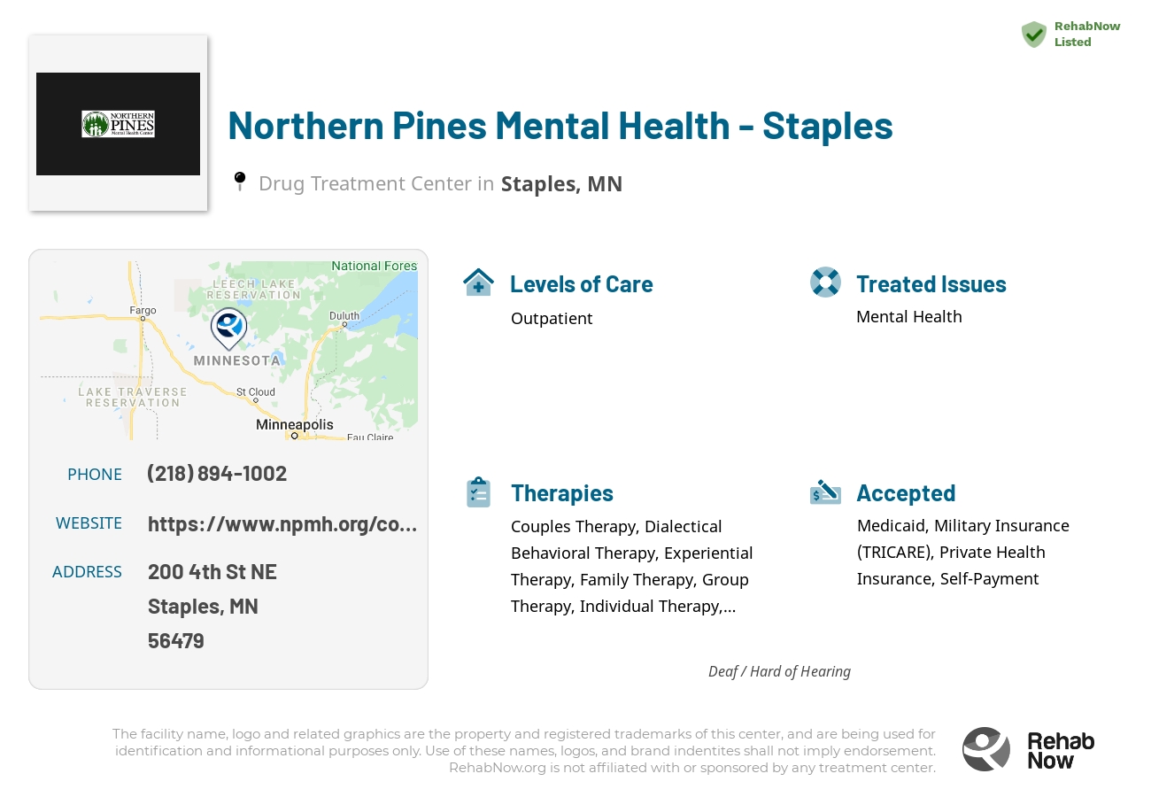 Helpful reference information for Northern Pines Mental Health - Staples, a drug treatment center in Minnesota located at: 200 4th St NE, Staples, MN 56479, including phone numbers, official website, and more. Listed briefly is an overview of Levels of Care, Therapies Offered, Issues Treated, and accepted forms of Payment Methods.
