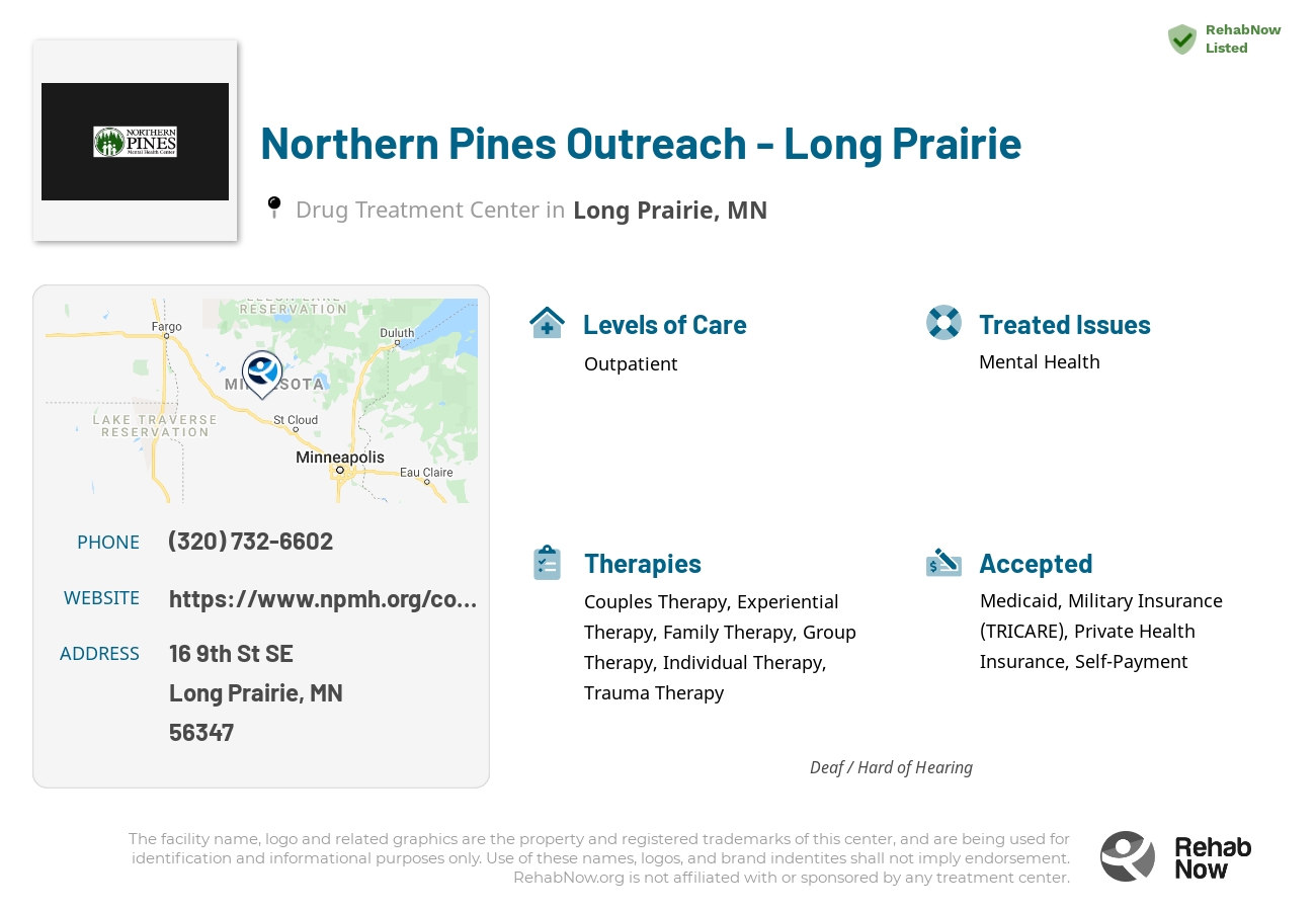 Helpful reference information for Northern Pines Outreach - Long Prairie, a drug treatment center in Minnesota located at: 16 9th St SE, Long Prairie, MN 56347, including phone numbers, official website, and more. Listed briefly is an overview of Levels of Care, Therapies Offered, Issues Treated, and accepted forms of Payment Methods.