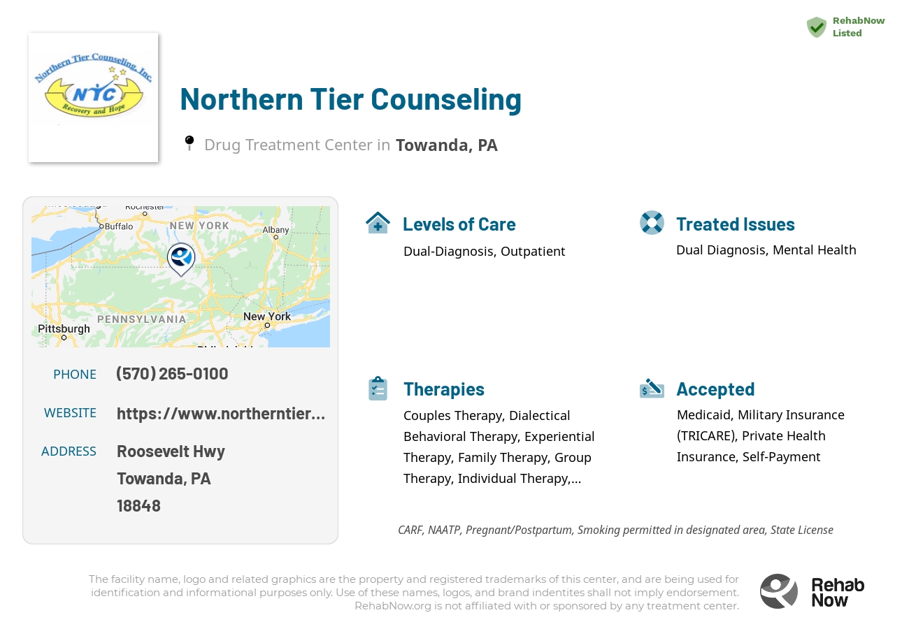 Helpful reference information for Northern Tier Counseling, a drug treatment center in Pennsylvania located at: Roosevelt Hwy, Towanda, PA 18848, including phone numbers, official website, and more. Listed briefly is an overview of Levels of Care, Therapies Offered, Issues Treated, and accepted forms of Payment Methods.